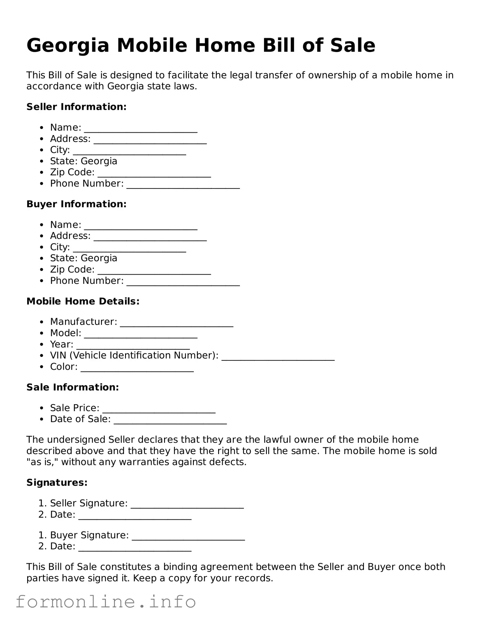 Free Mobile Home Bill of Sale Template for Georgia State
