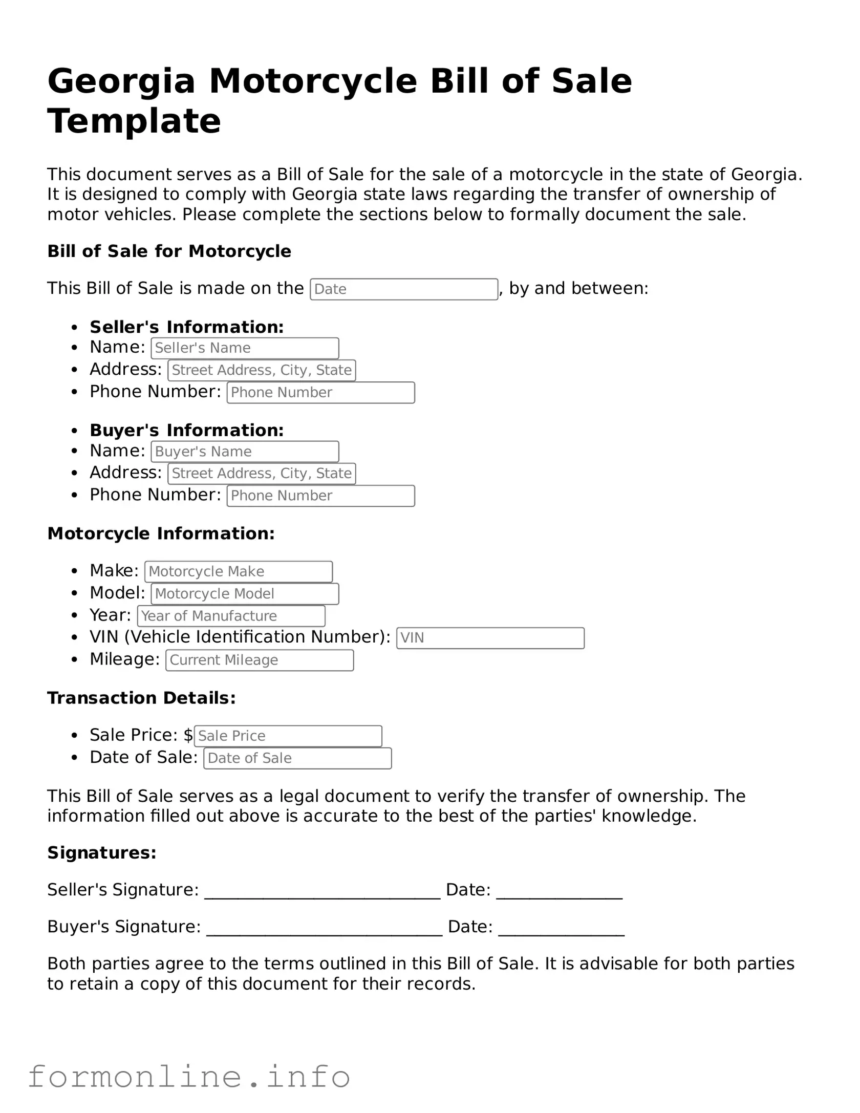 Free Motorcycle Bill of Sale Template for Georgia State