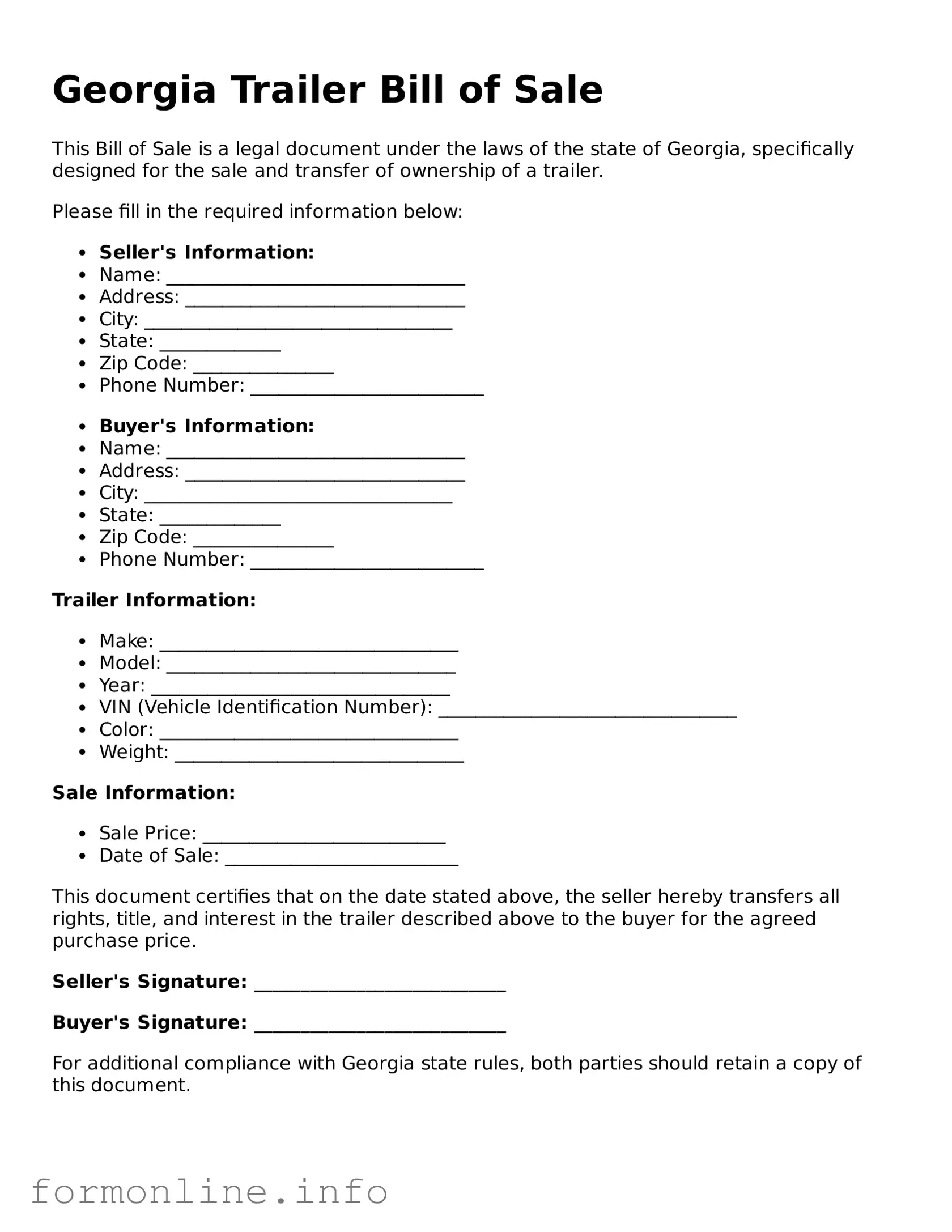 Free Trailer Bill of Sale Template for Georgia State
