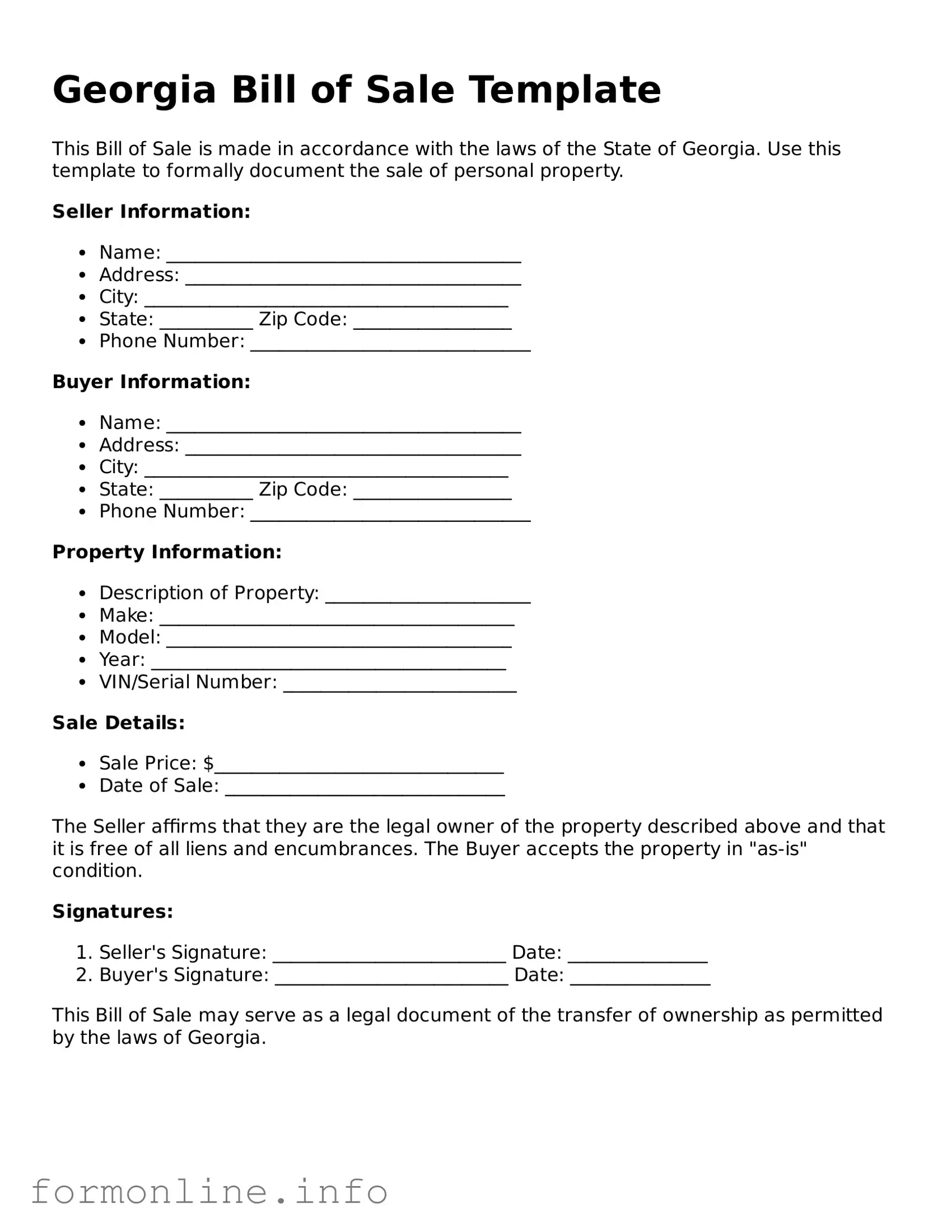 Free Bill of Sale Template for Georgia State