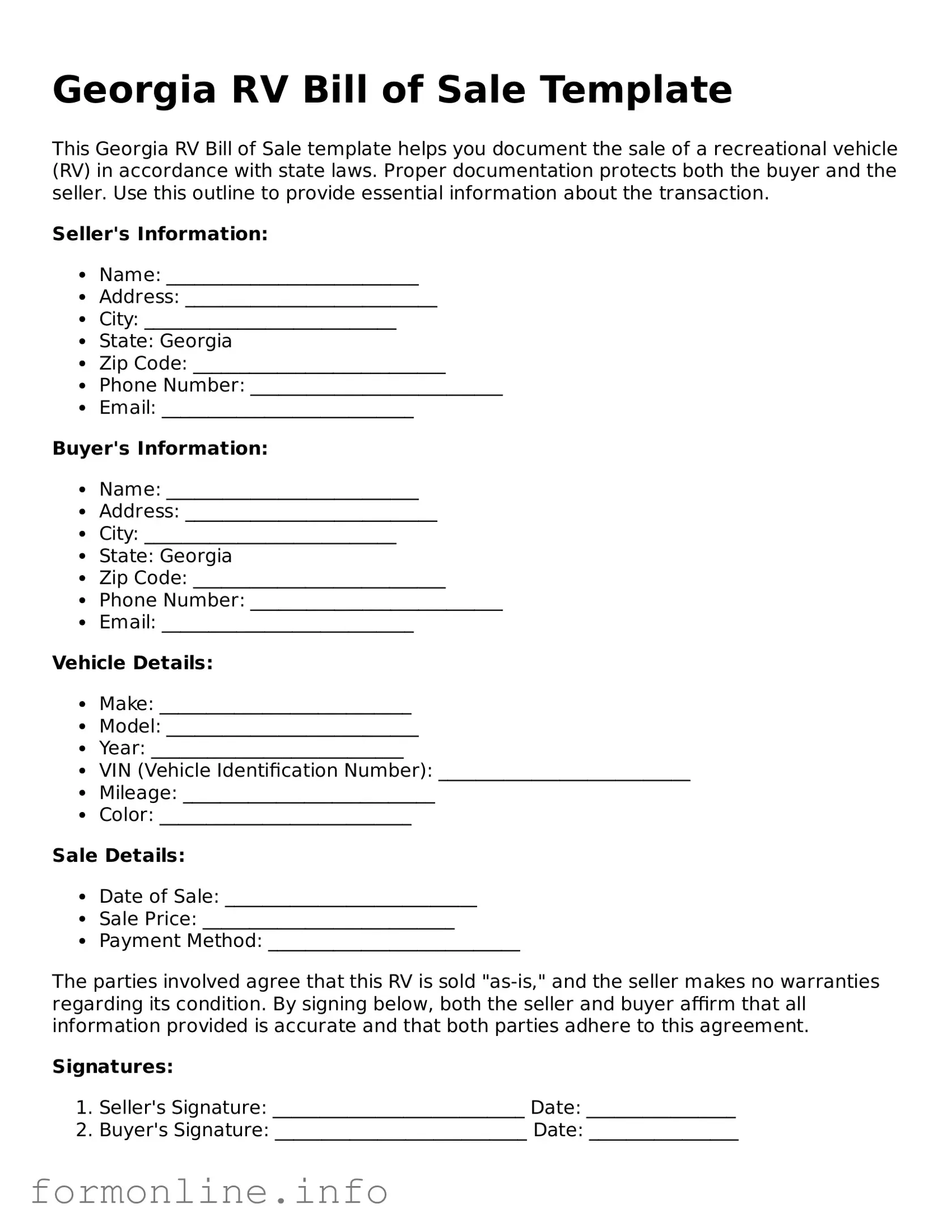 Free RV Bill of Sale Template for Georgia State