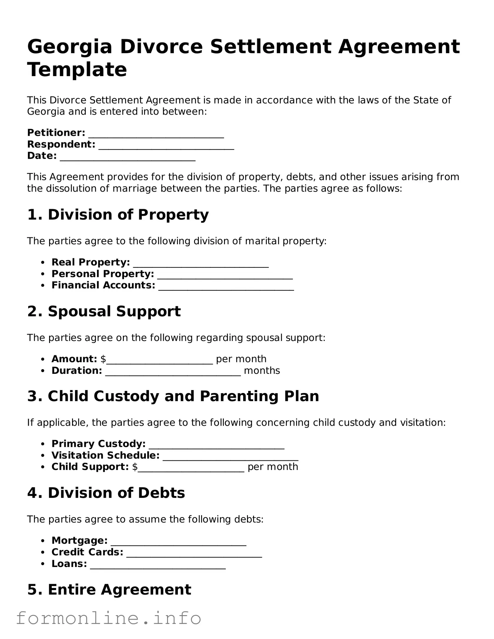 Free Divorce Settlement Agreement Template for Georgia State