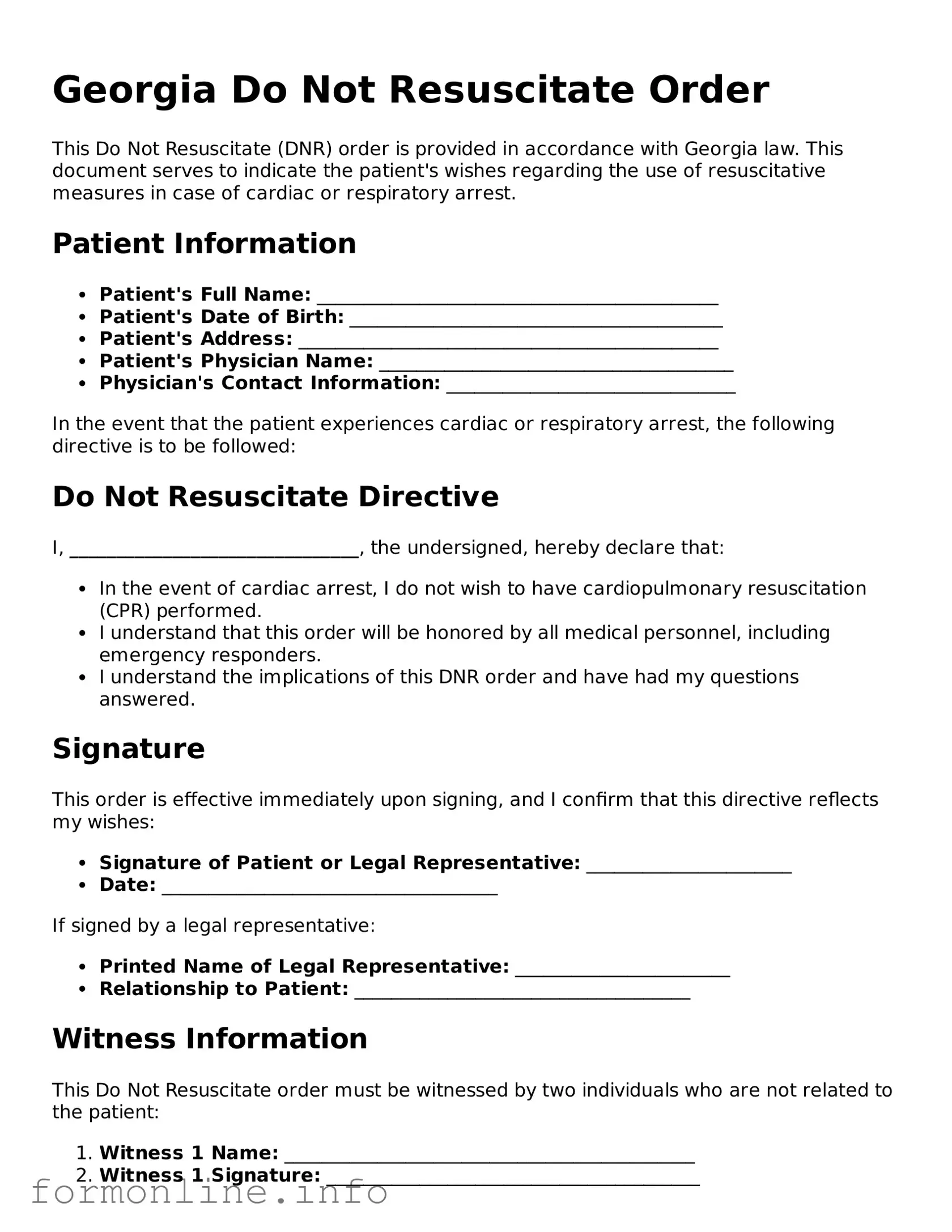 Free Do Not Resuscitate Order Template for Georgia State