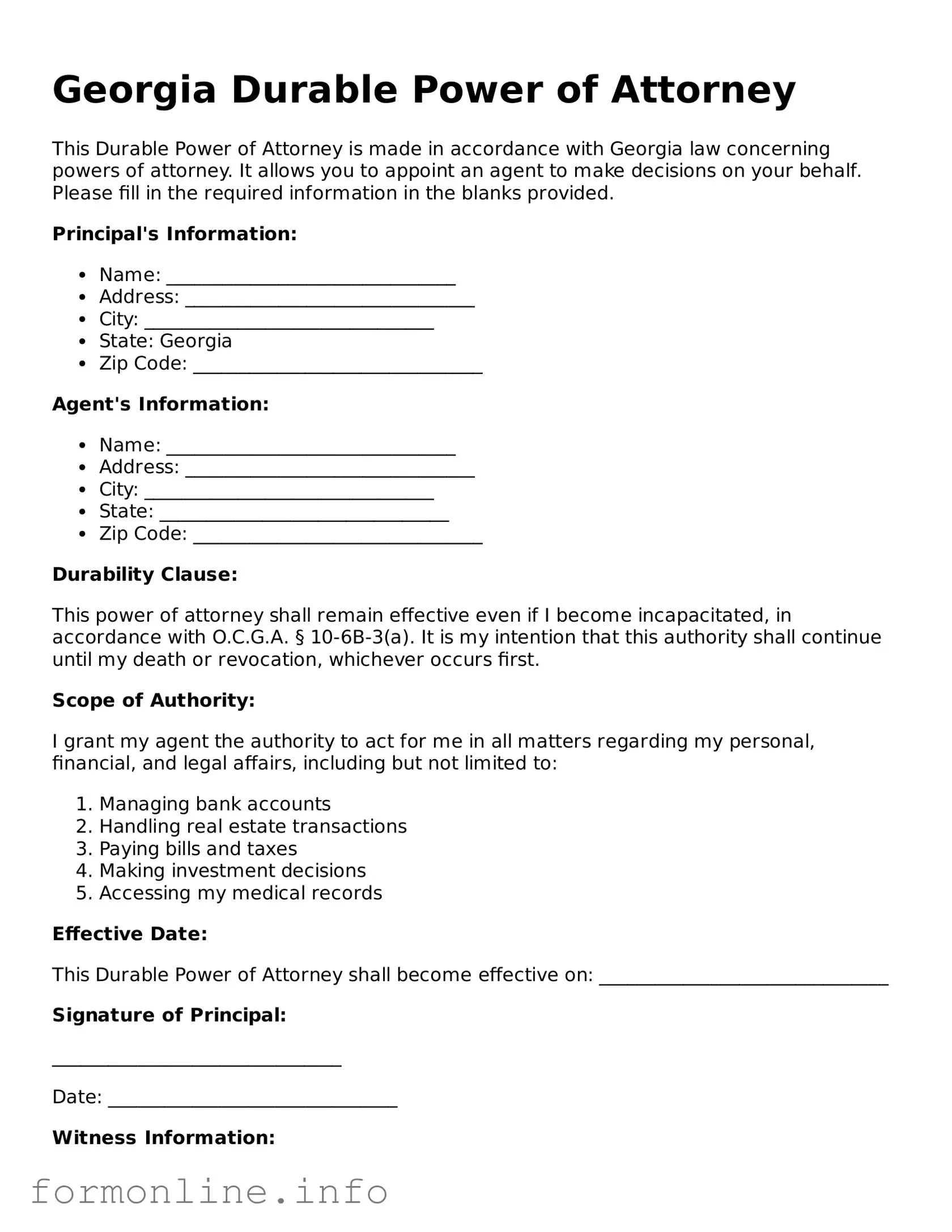Free Durable Power of Attorney Template for Georgia State