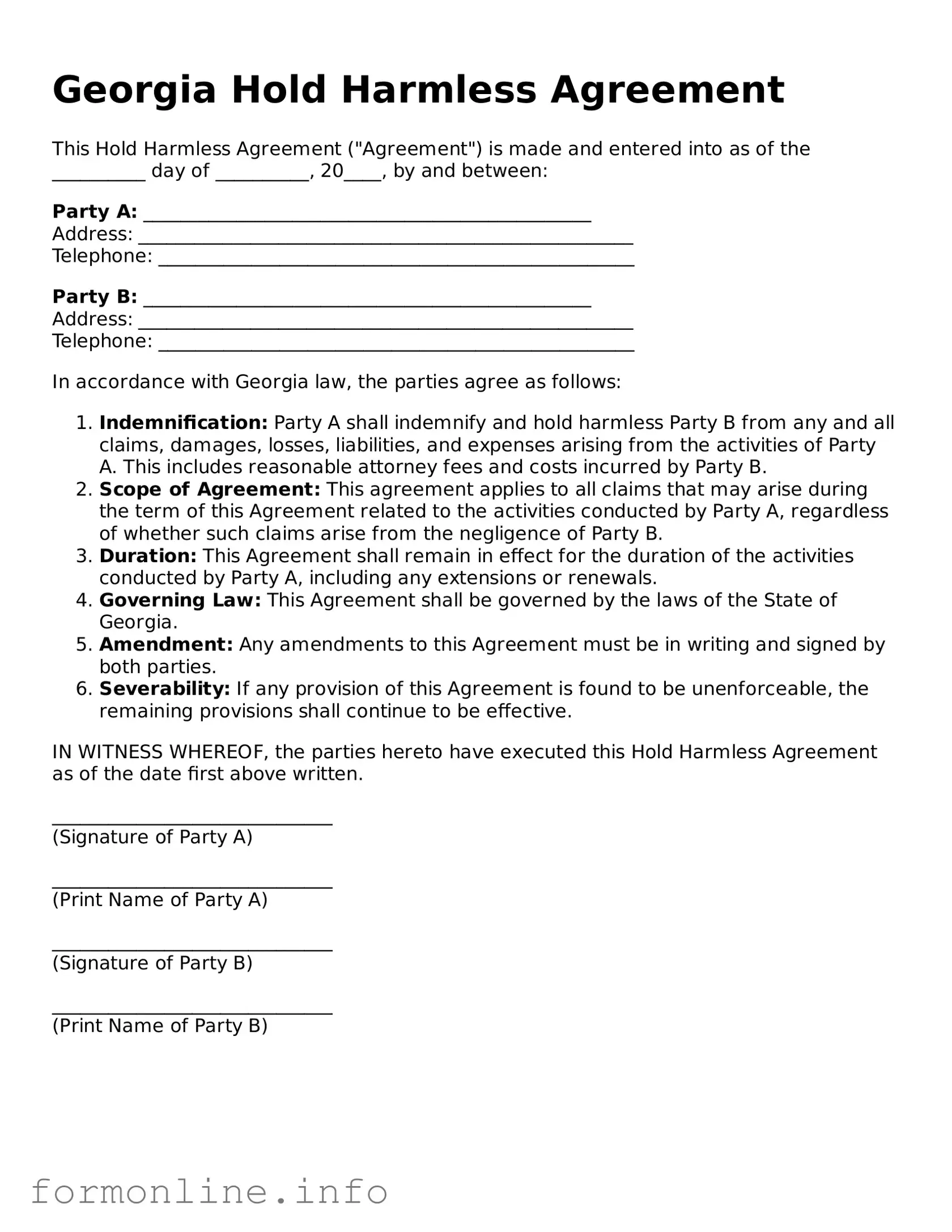 Free Hold Harmless Agreement Template for Georgia State