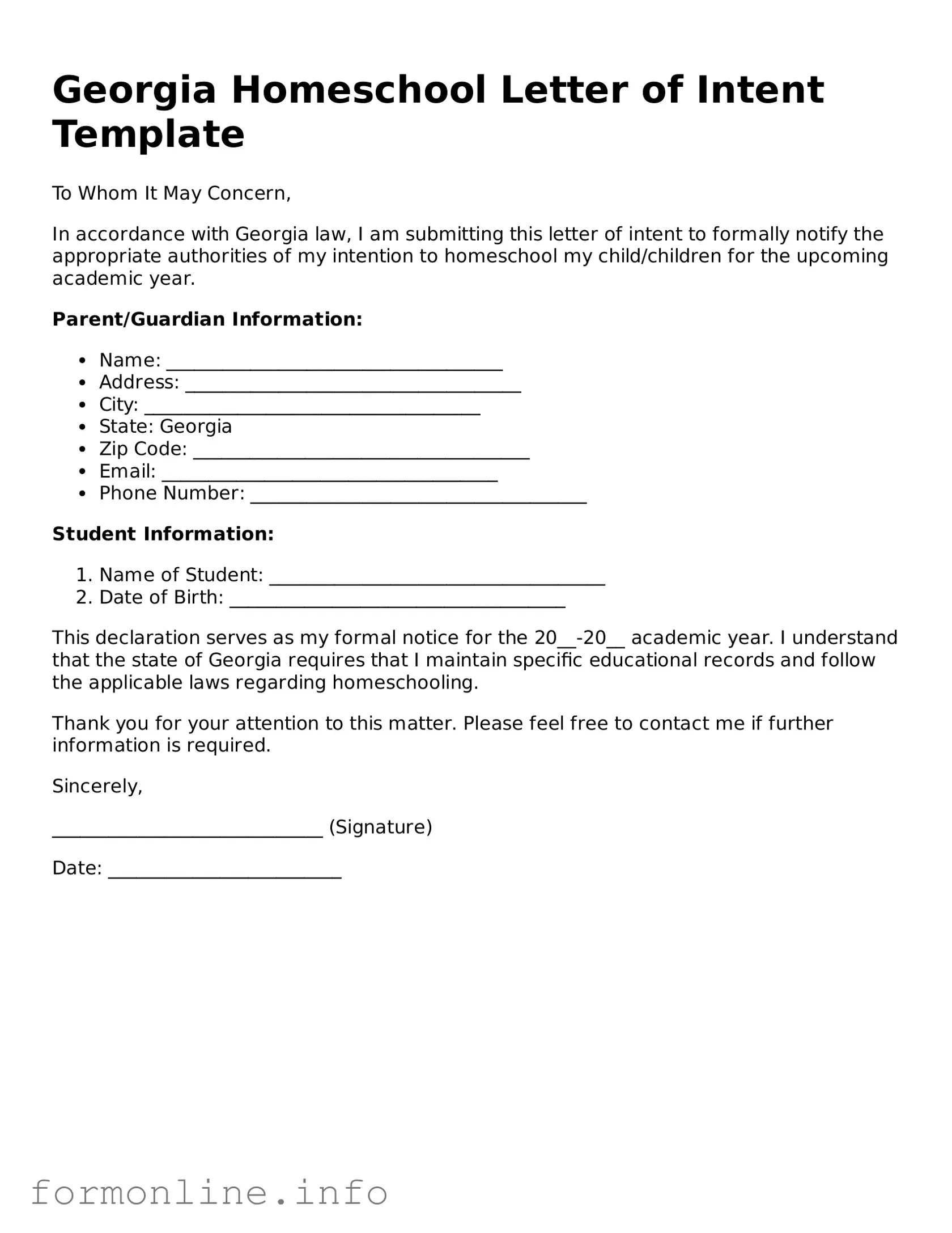 Free Homeschool Letter of Intent Template for Georgia State