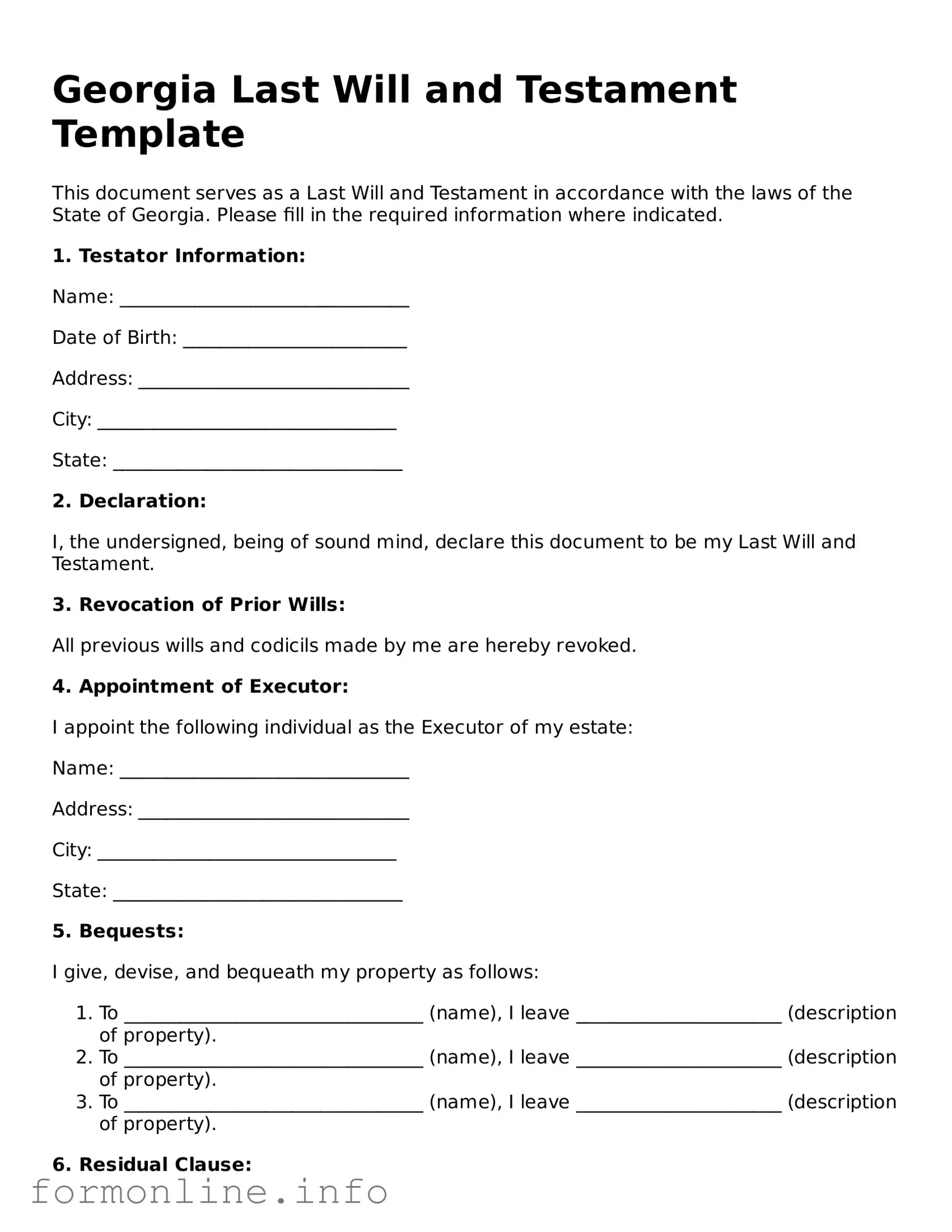 Free Last Will and Testament Template for Georgia State