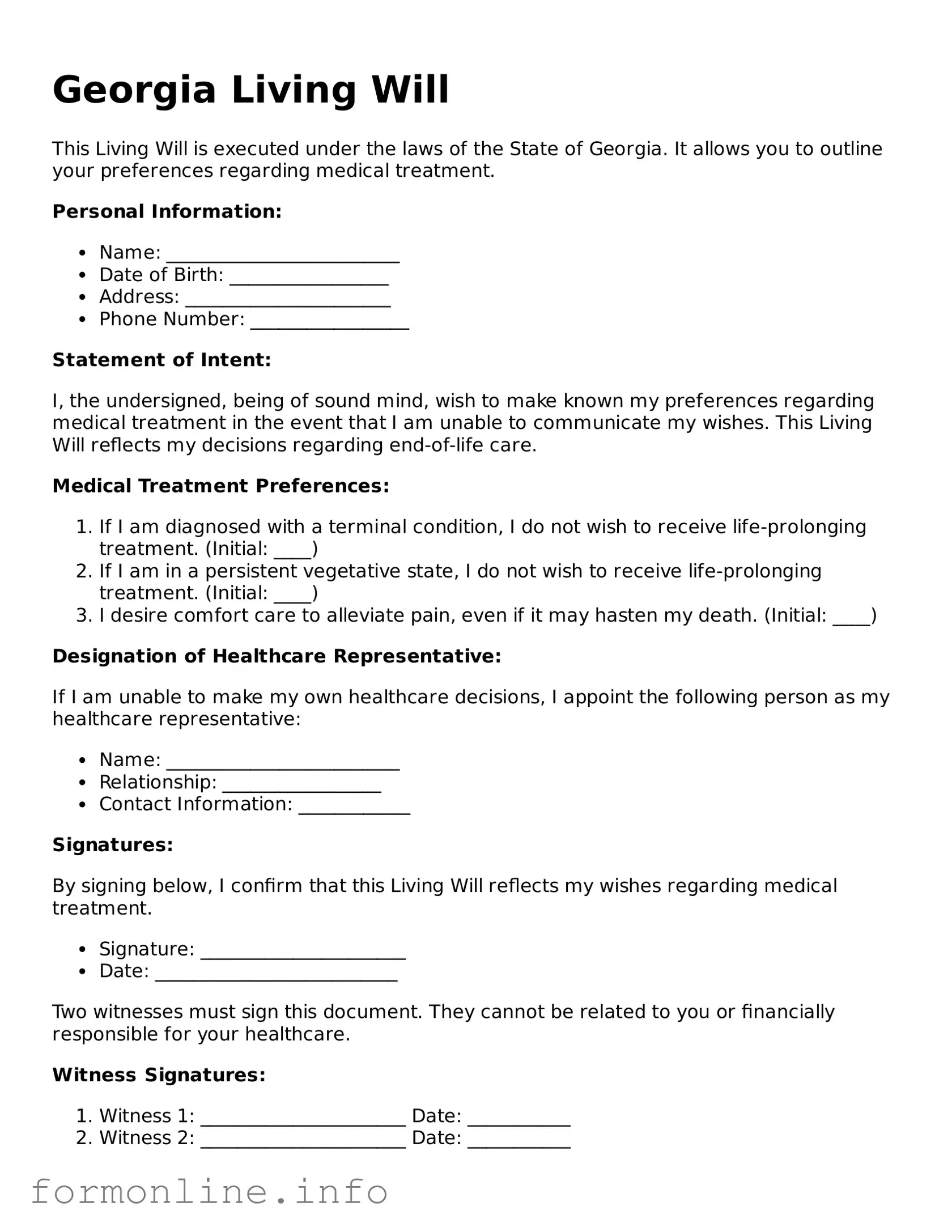 Free Living Will Template for Georgia State