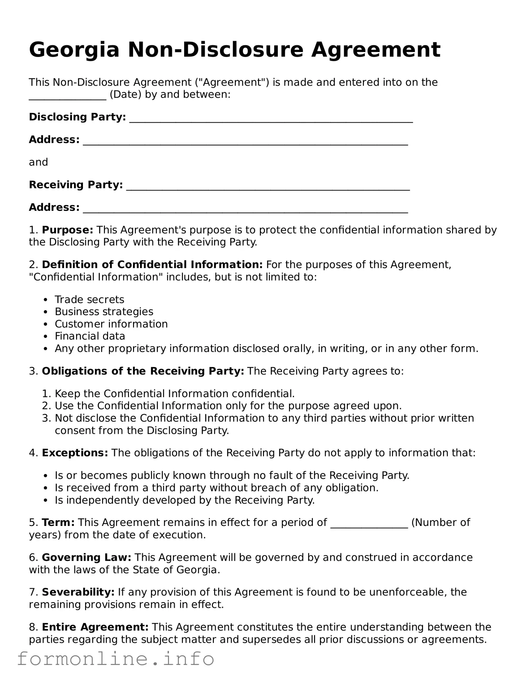Free Non-disclosure Agreement Template for Georgia State