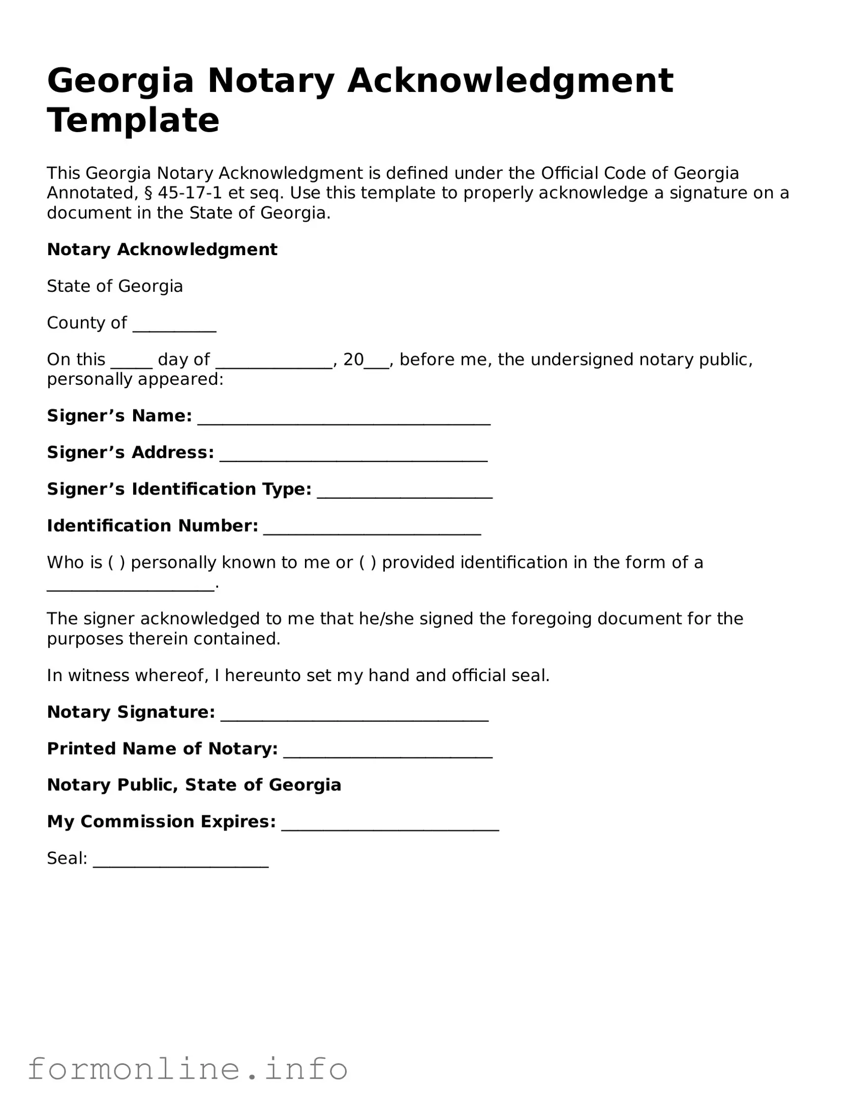 Free Notary Acknowledgement Template for Georgia State