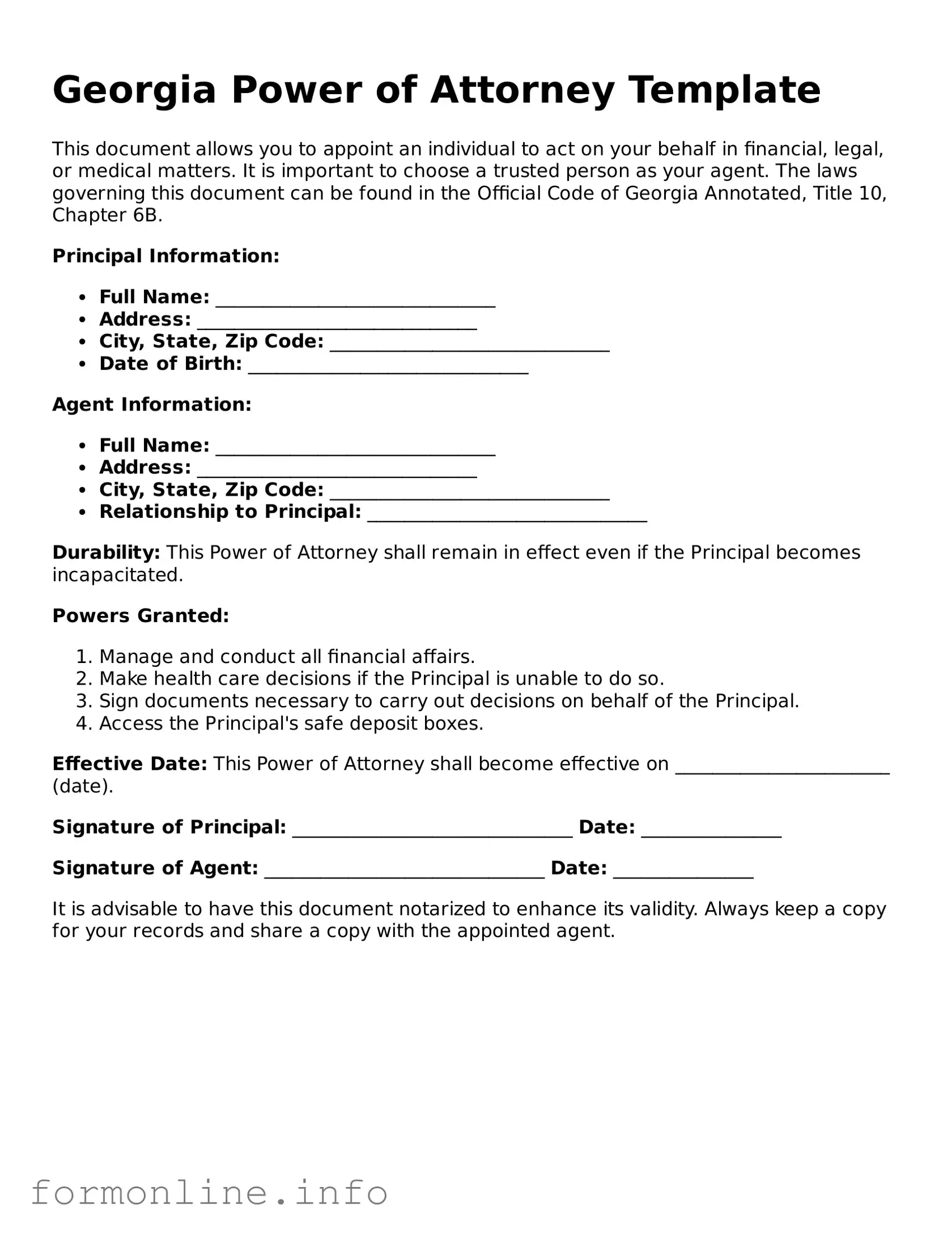 Free Power of Attorney Template for Georgia State