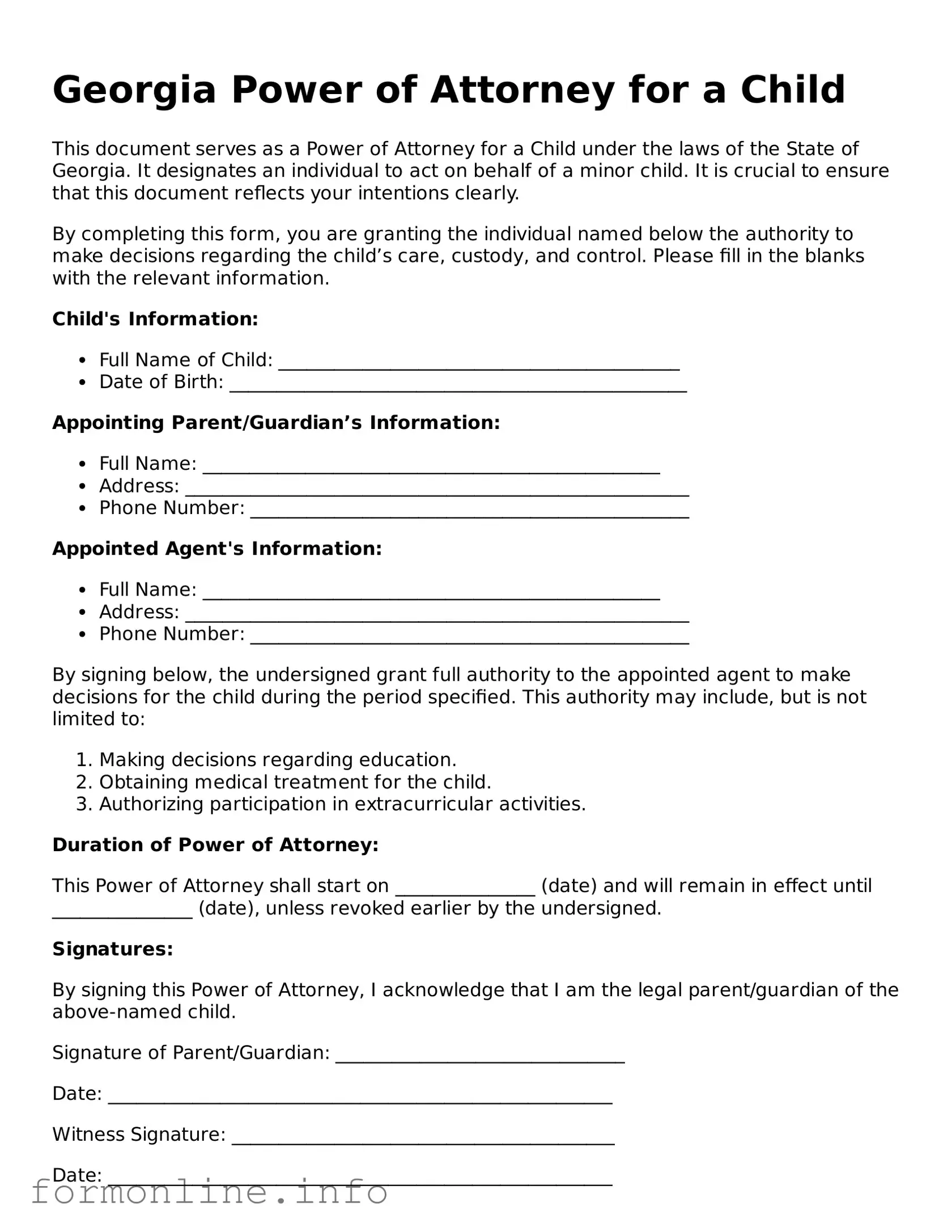 Free Power of Attorney for a Child Template for Georgia State