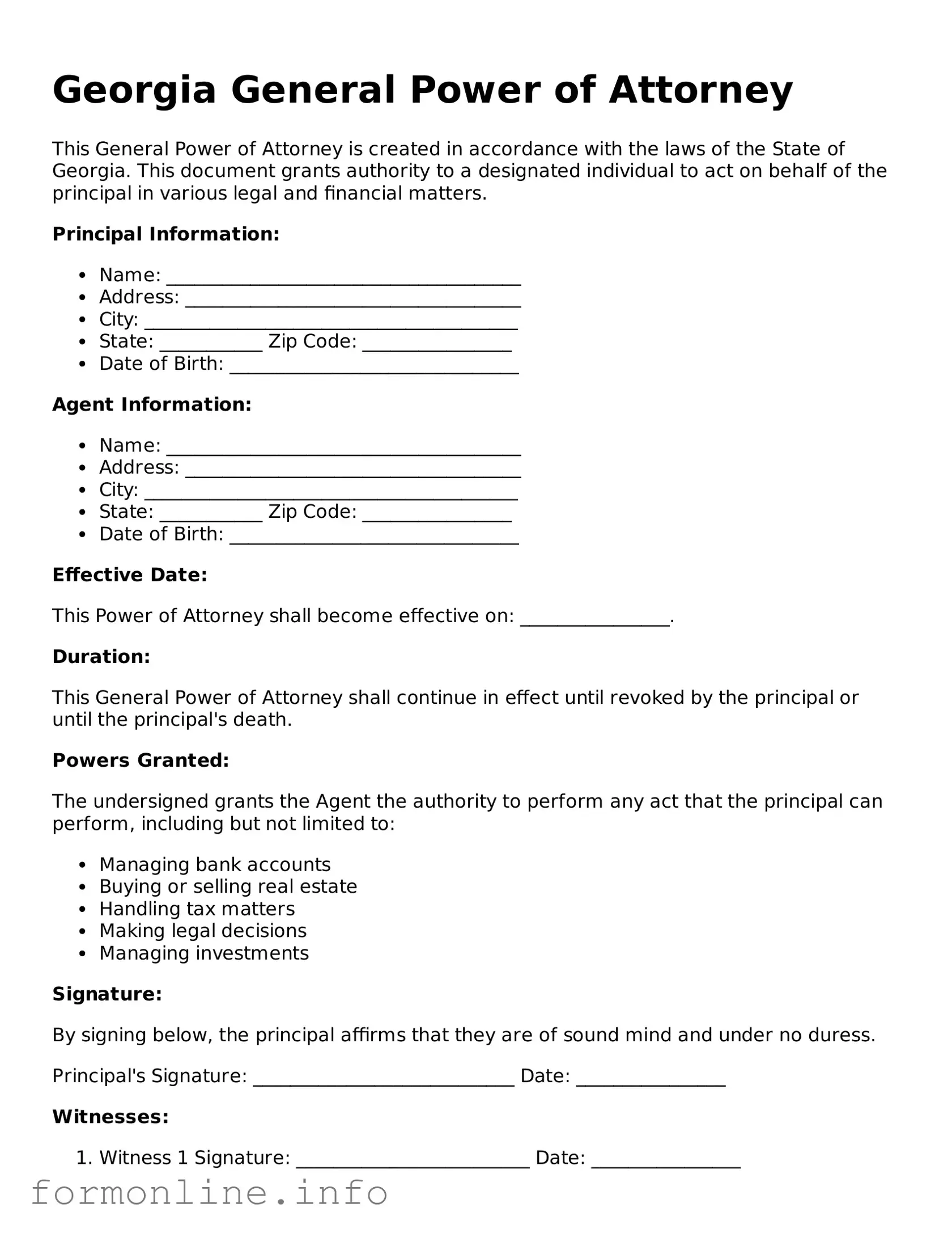 Free General Power of Attorney Template for Georgia State