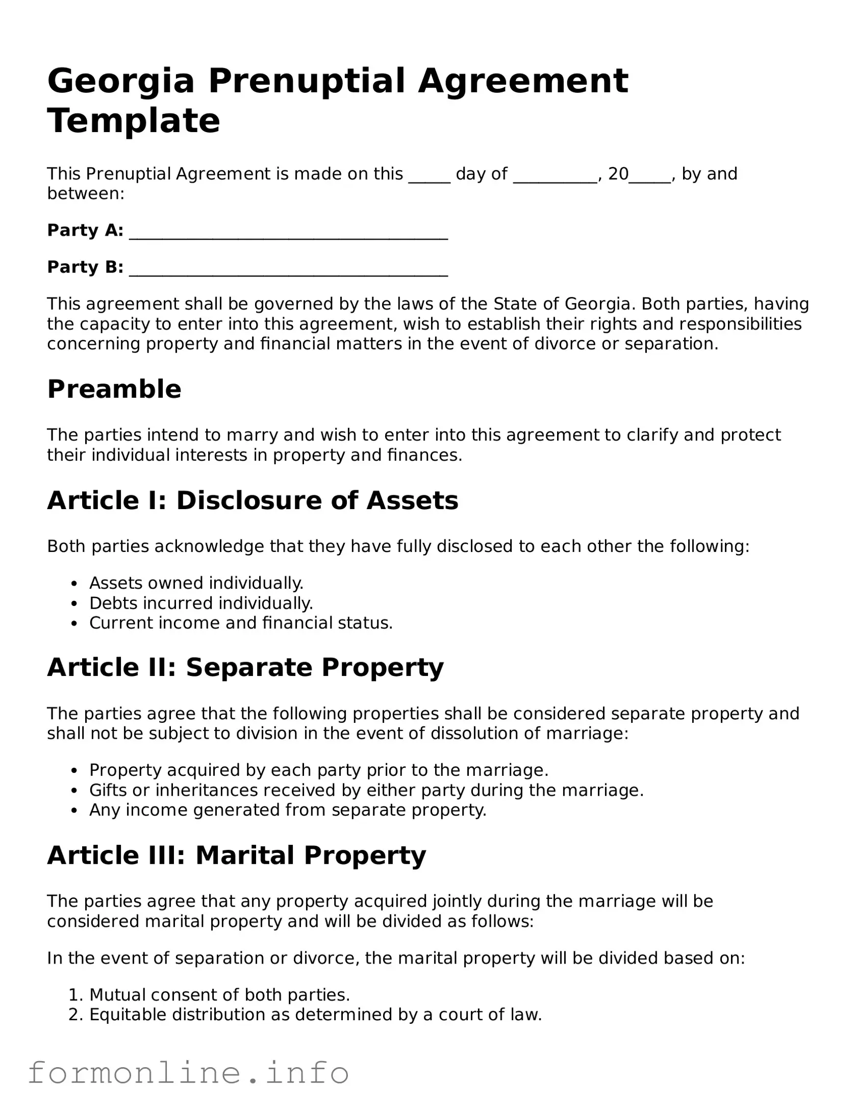 Free Prenuptial Agreement Template for Georgia State
