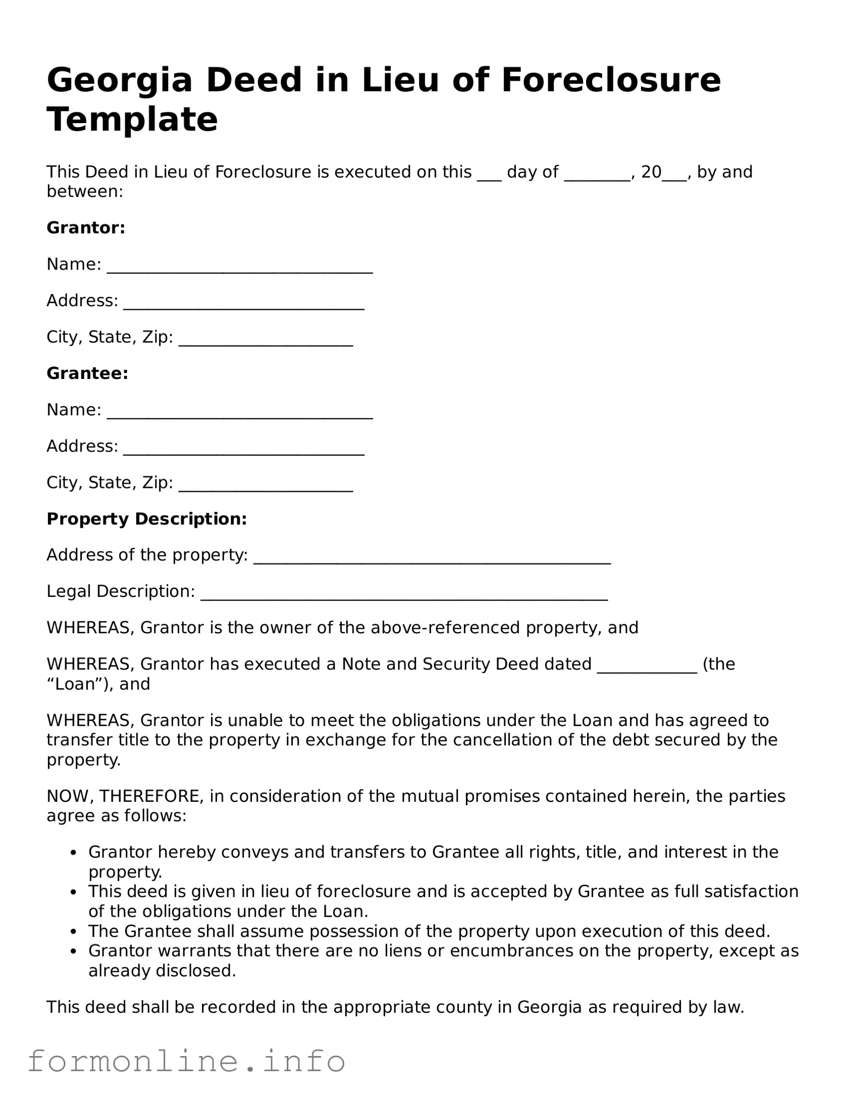 Free Deed in Lieu of Foreclosure Template for Georgia State