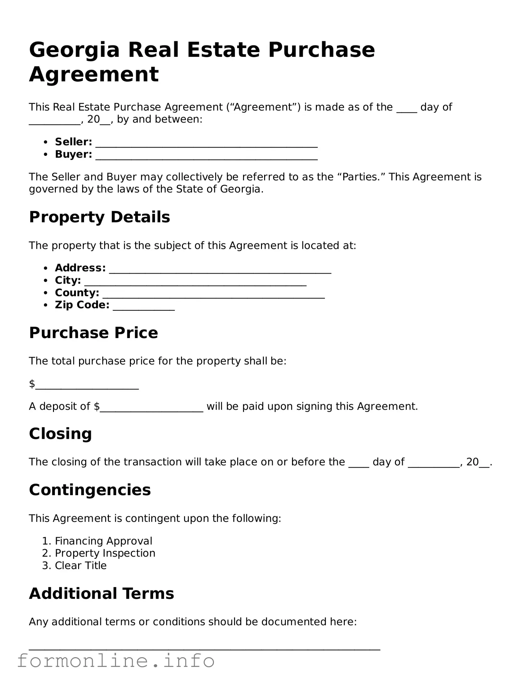 Free Real Estate Purchase Agreement Template for Georgia State