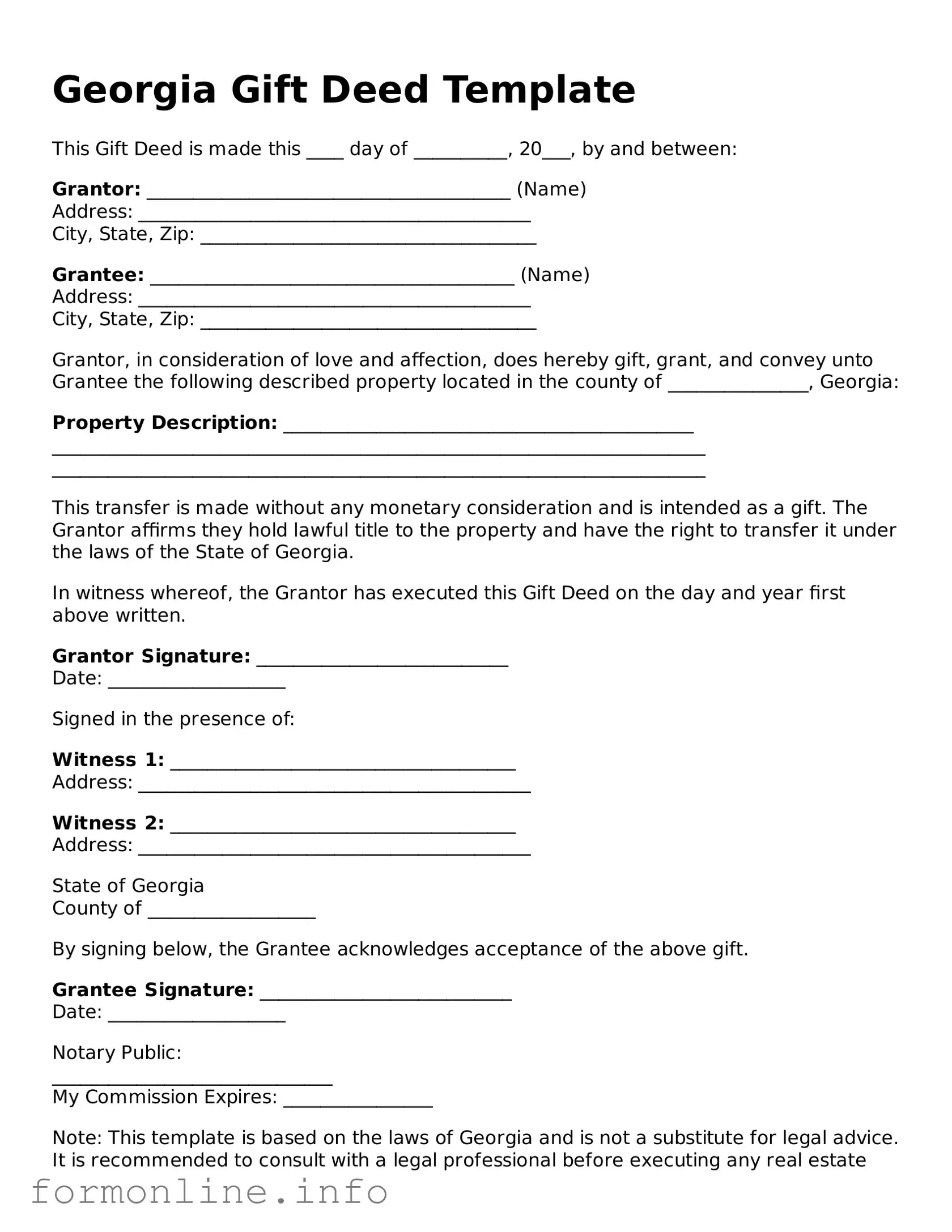 Free Gift Deed Template for Georgia State