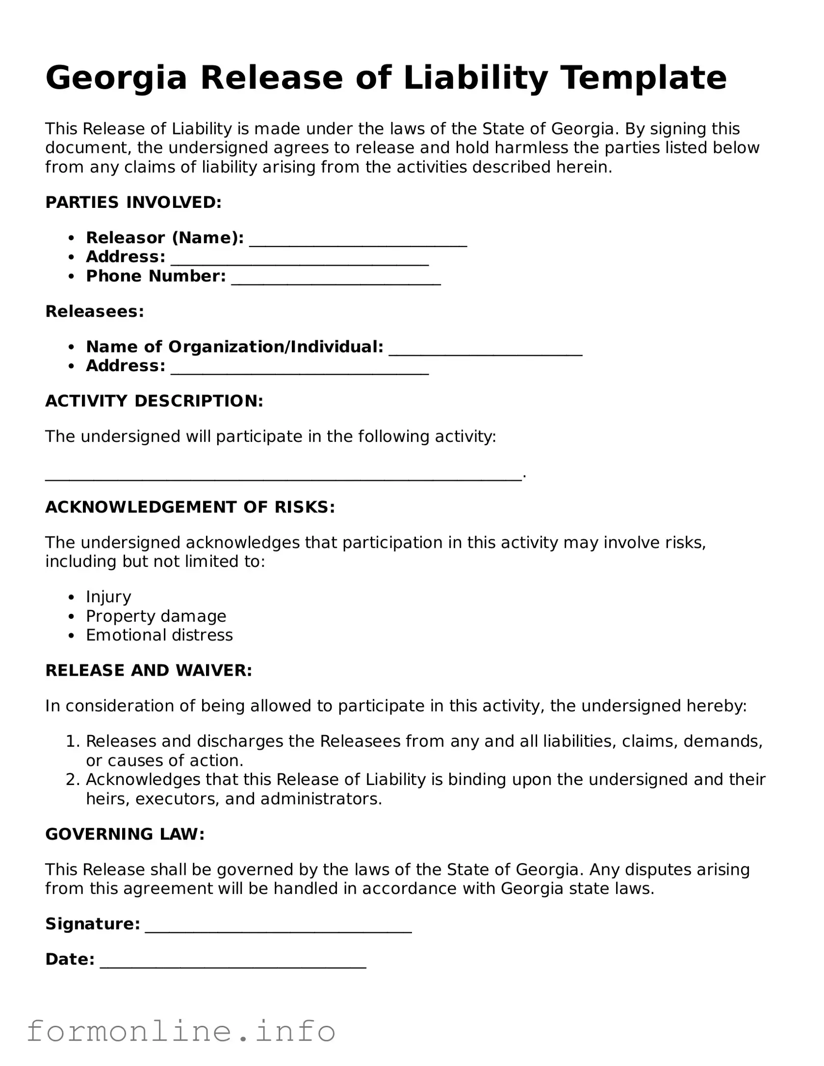 Free Release of Liability Template for Georgia State