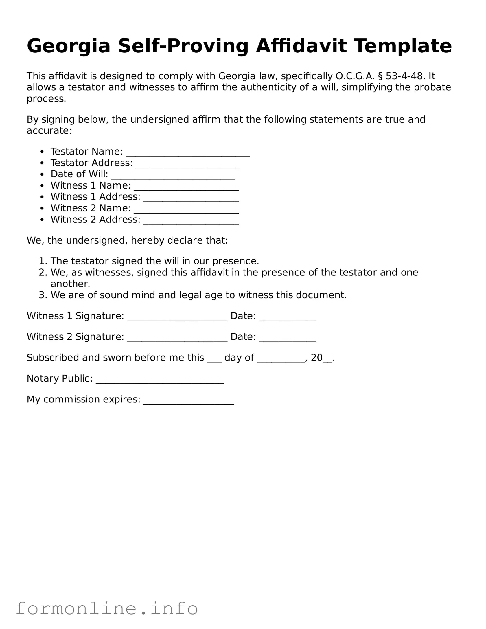 Free Self-Proving Affidavit Template for Georgia State