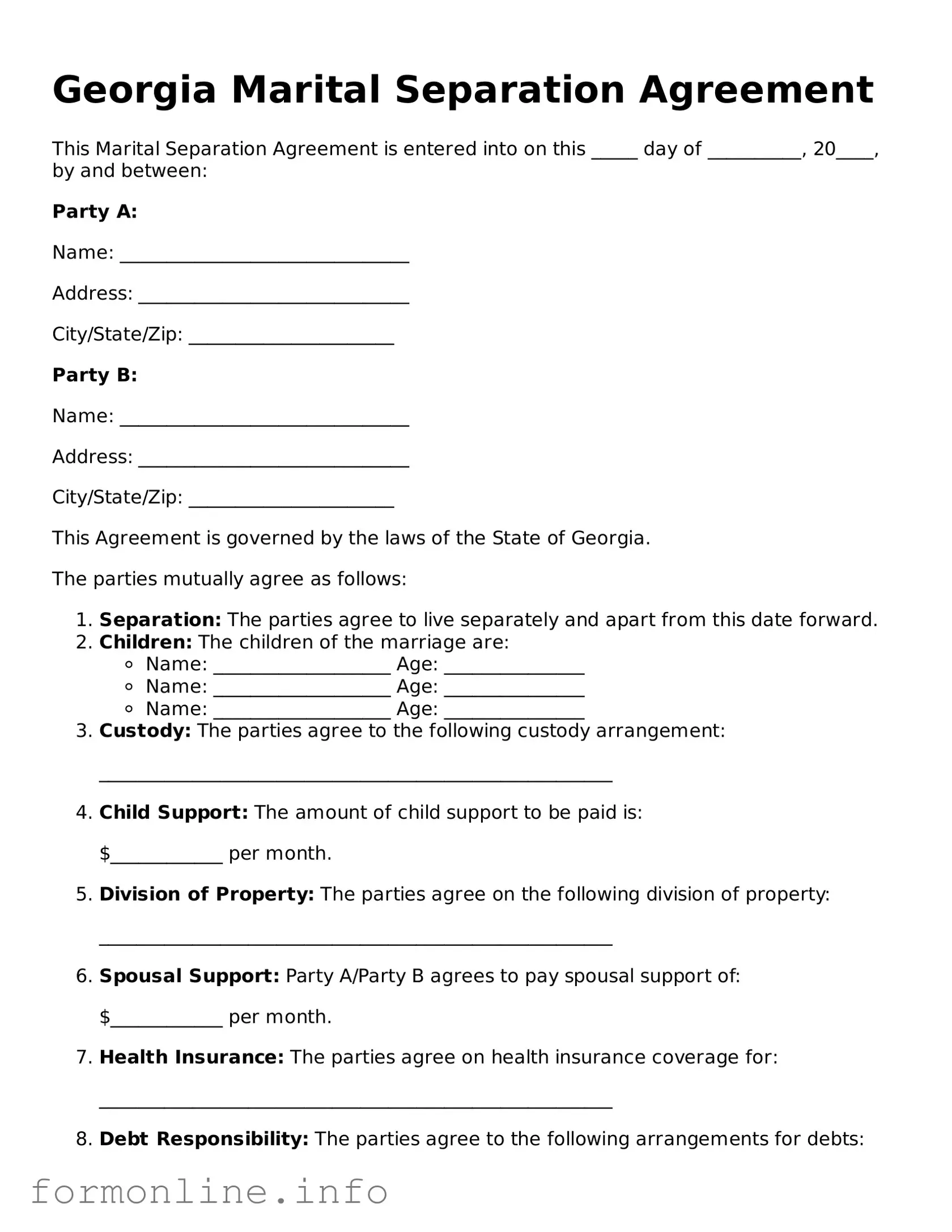 Free Marital Separation Agreement Template for Georgia State