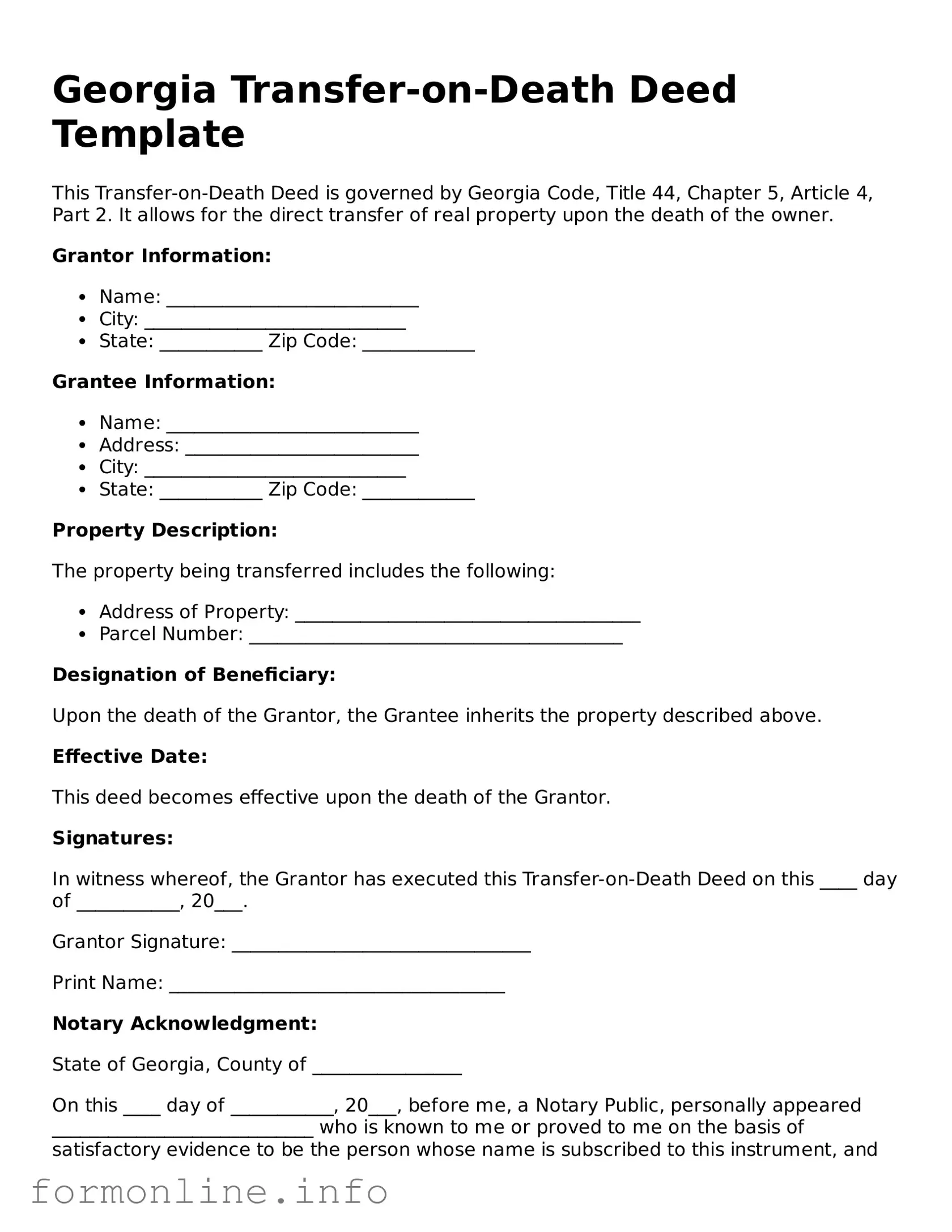 Free Transfer-on-Death Deed Template for Georgia State