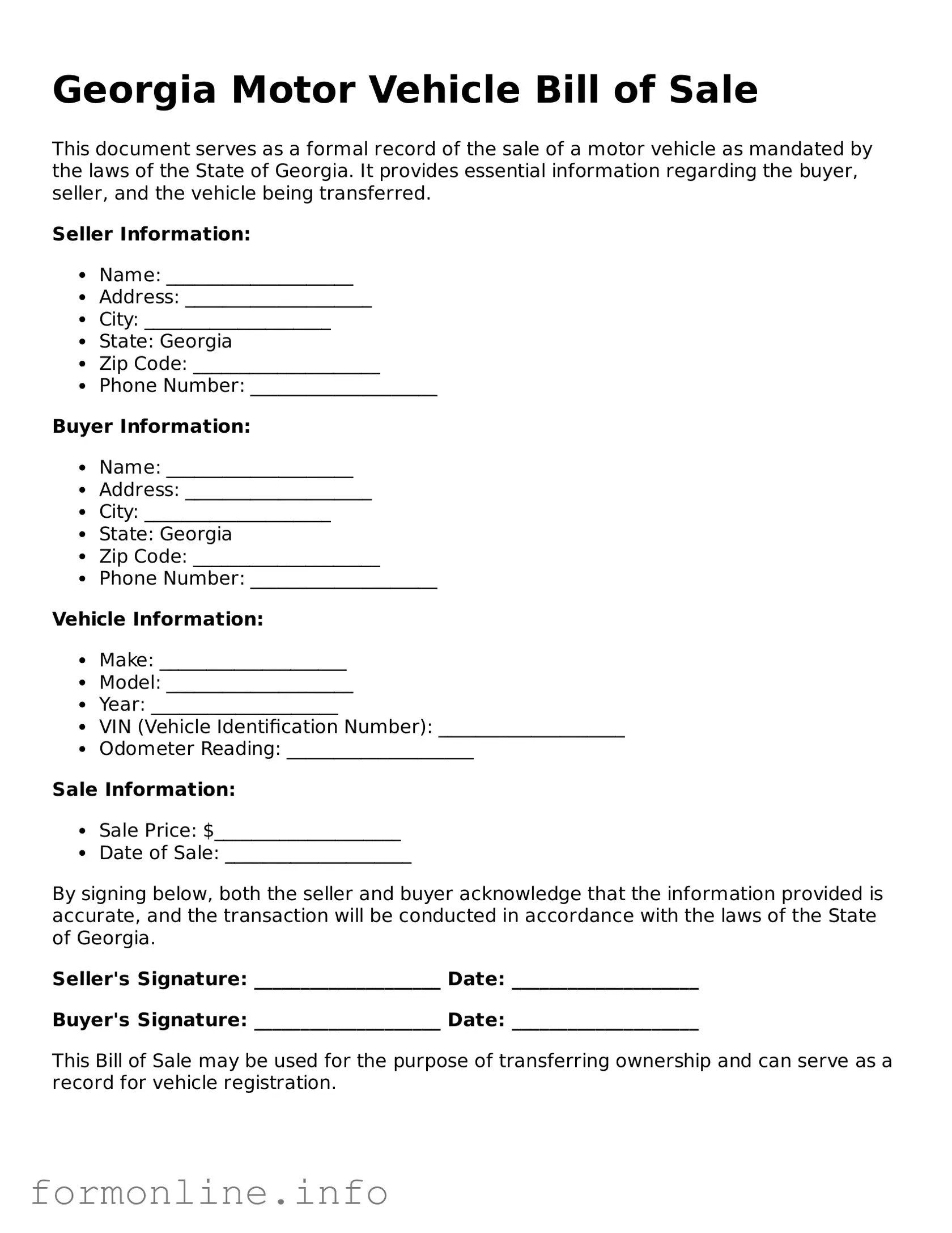 Free Motor Vehicle Bill of Sale Template for Georgia State