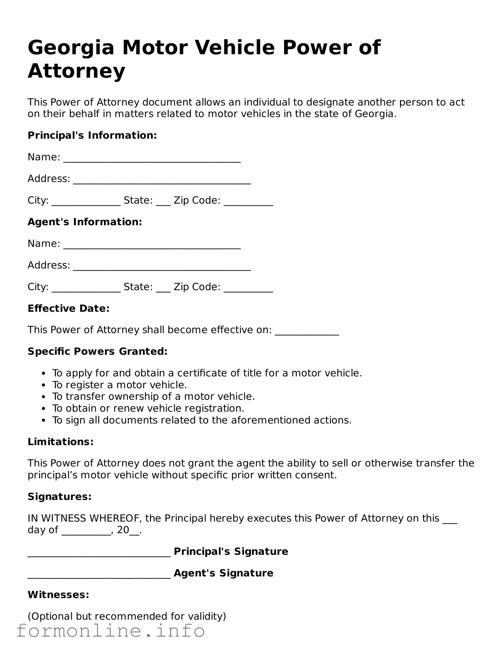 Free Motor Vehicle Power of Attorney Template for Georgia State