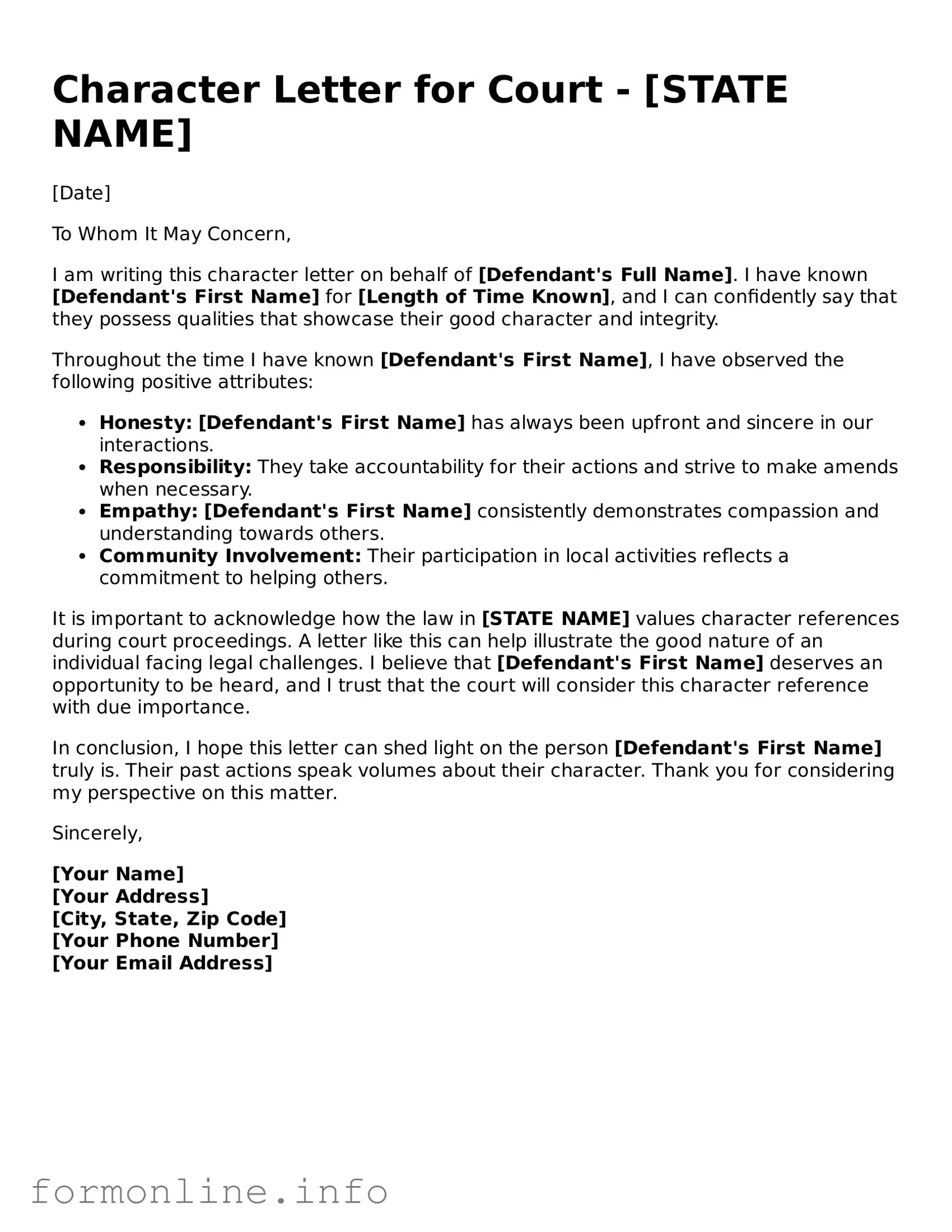Printable Character Letter for Court Form