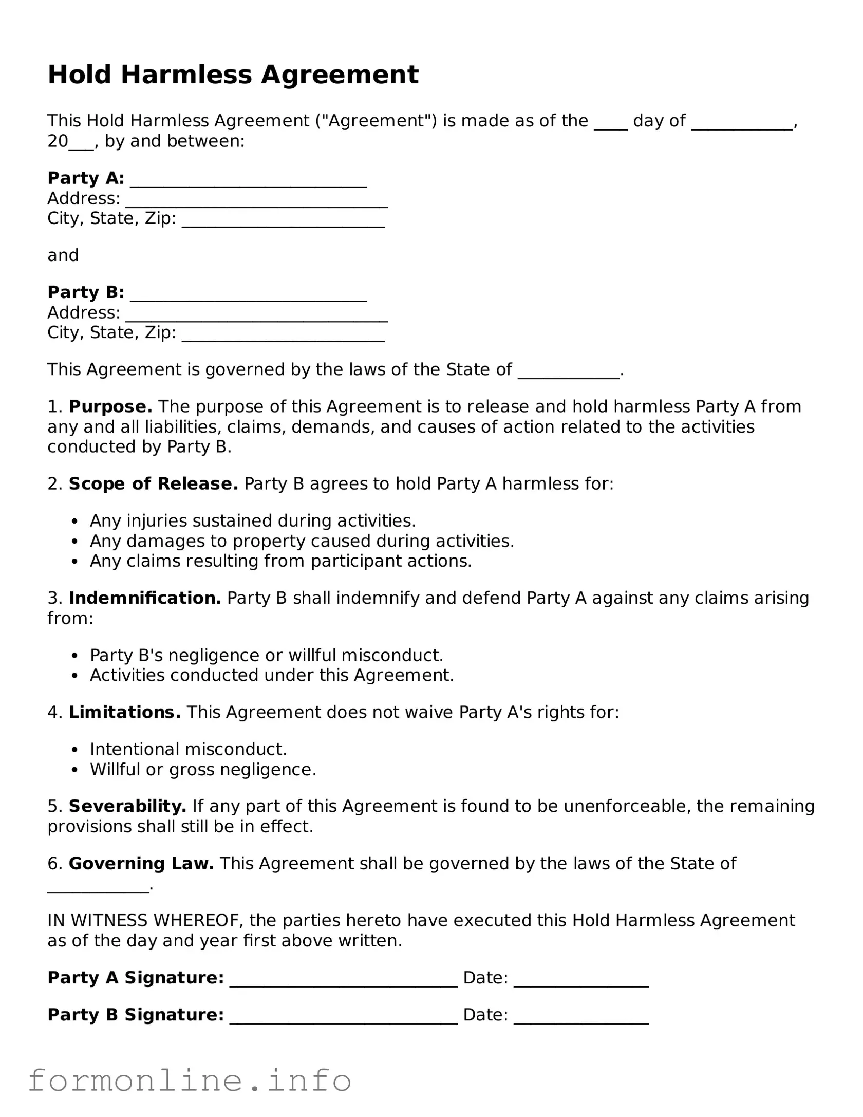 Printable Hold Harmless Agreement Form