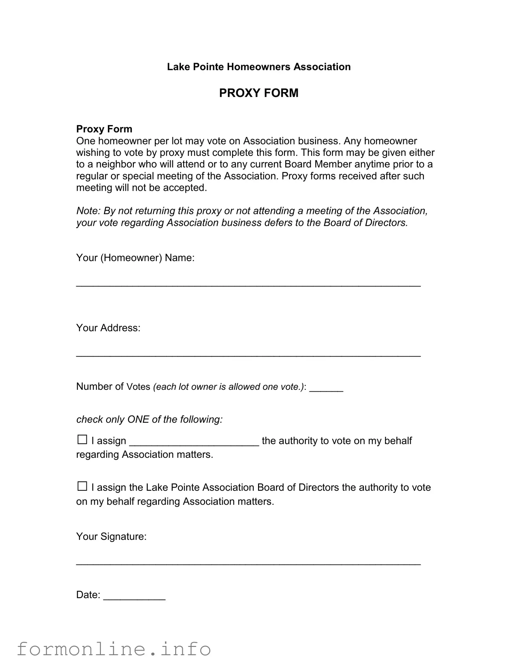 Fill Out a Valid Homeowners Association Proxy Form