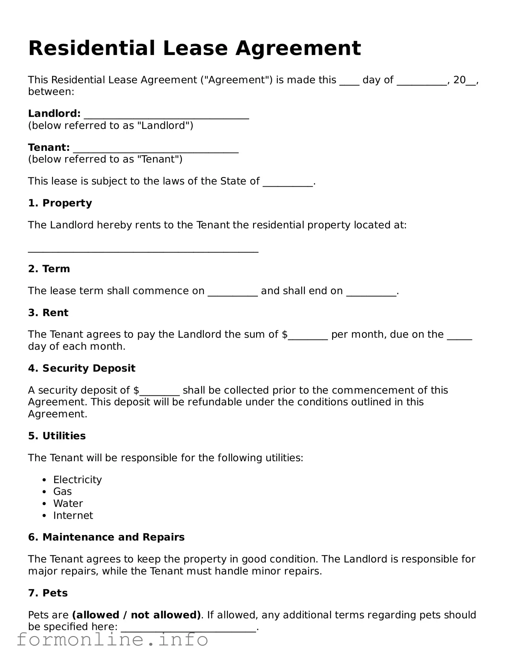 Printable Residential Lease Agreement Form