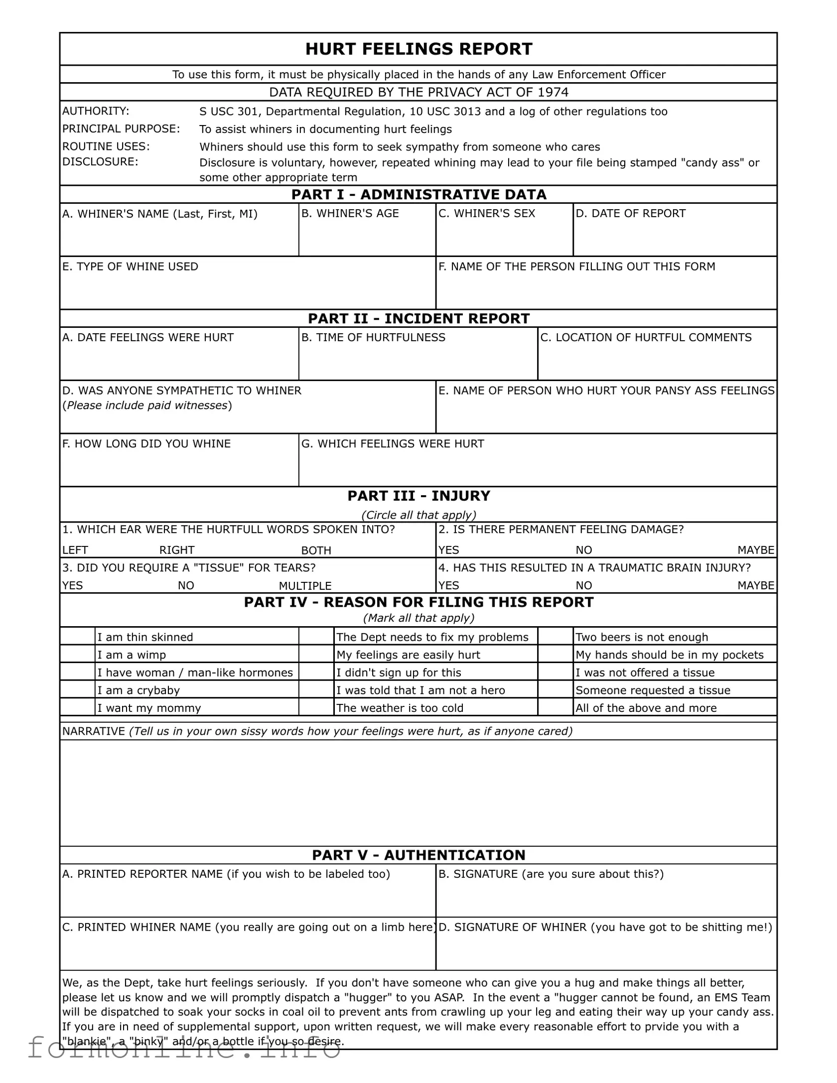 Fill Out a Valid Hurt Feelings Report Form