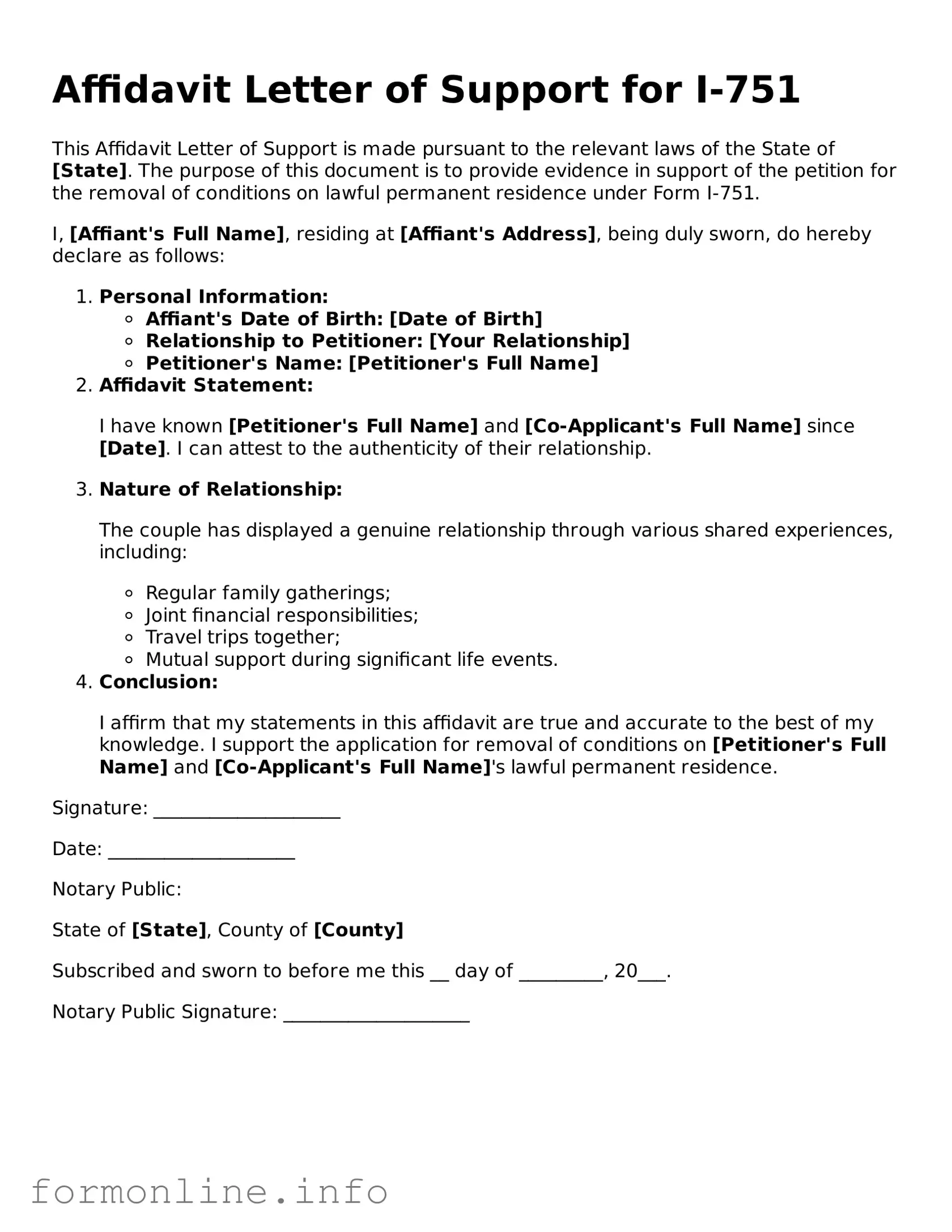 Printable Affidavit Letter of Support for I-751 Form