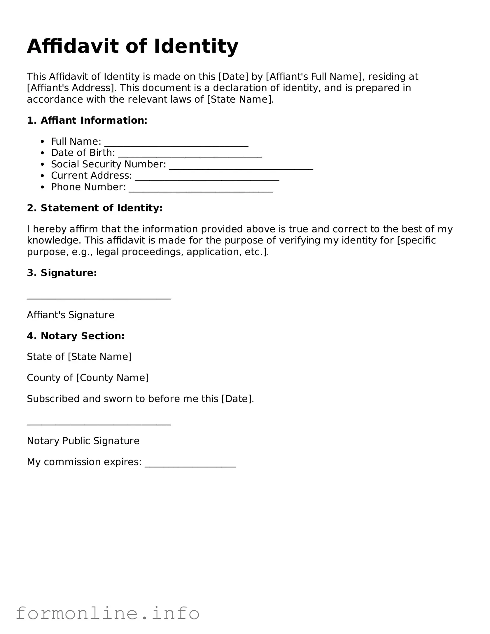 Printable Affidavit of Identity Form