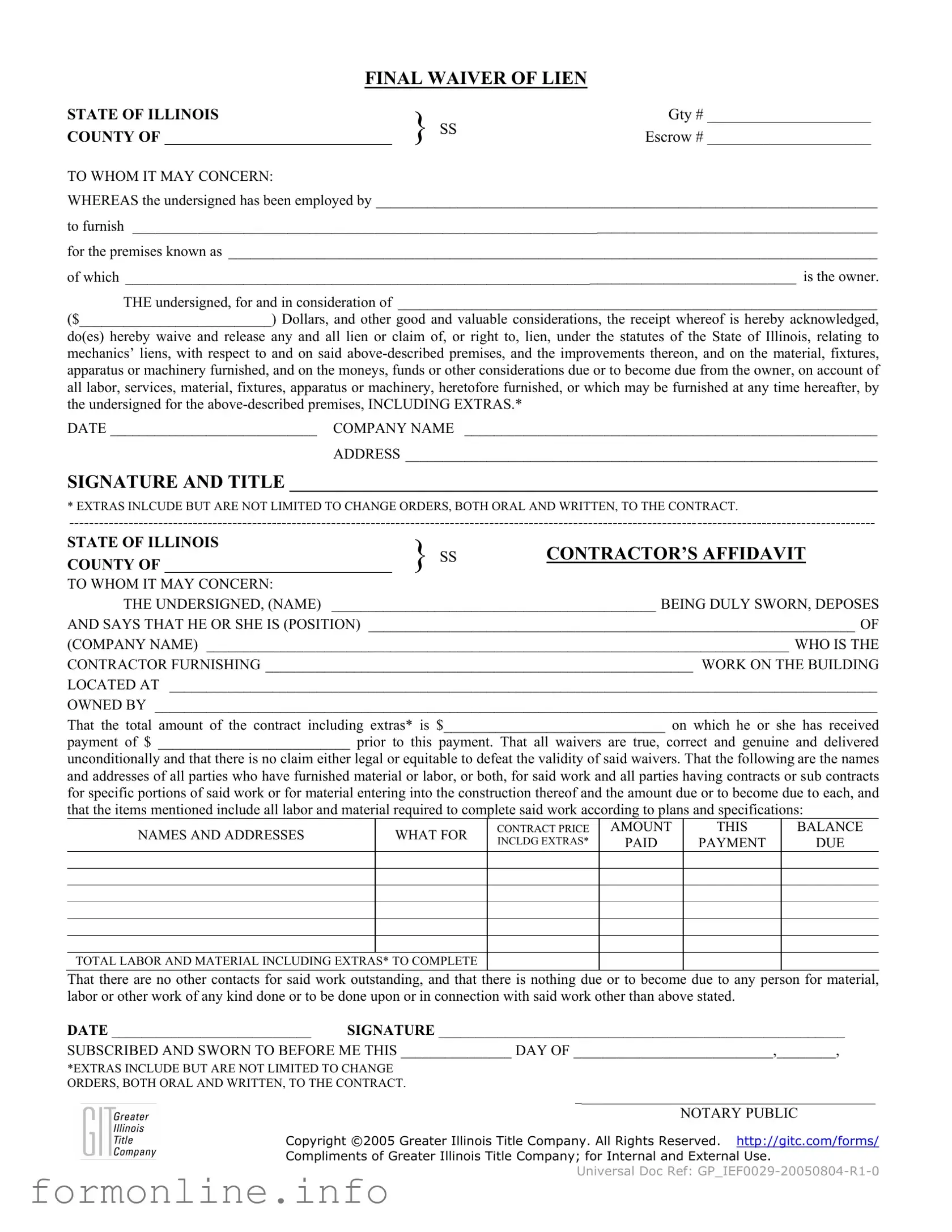 Fill Out a Valid Illinois Final Waiver Of Lien Form