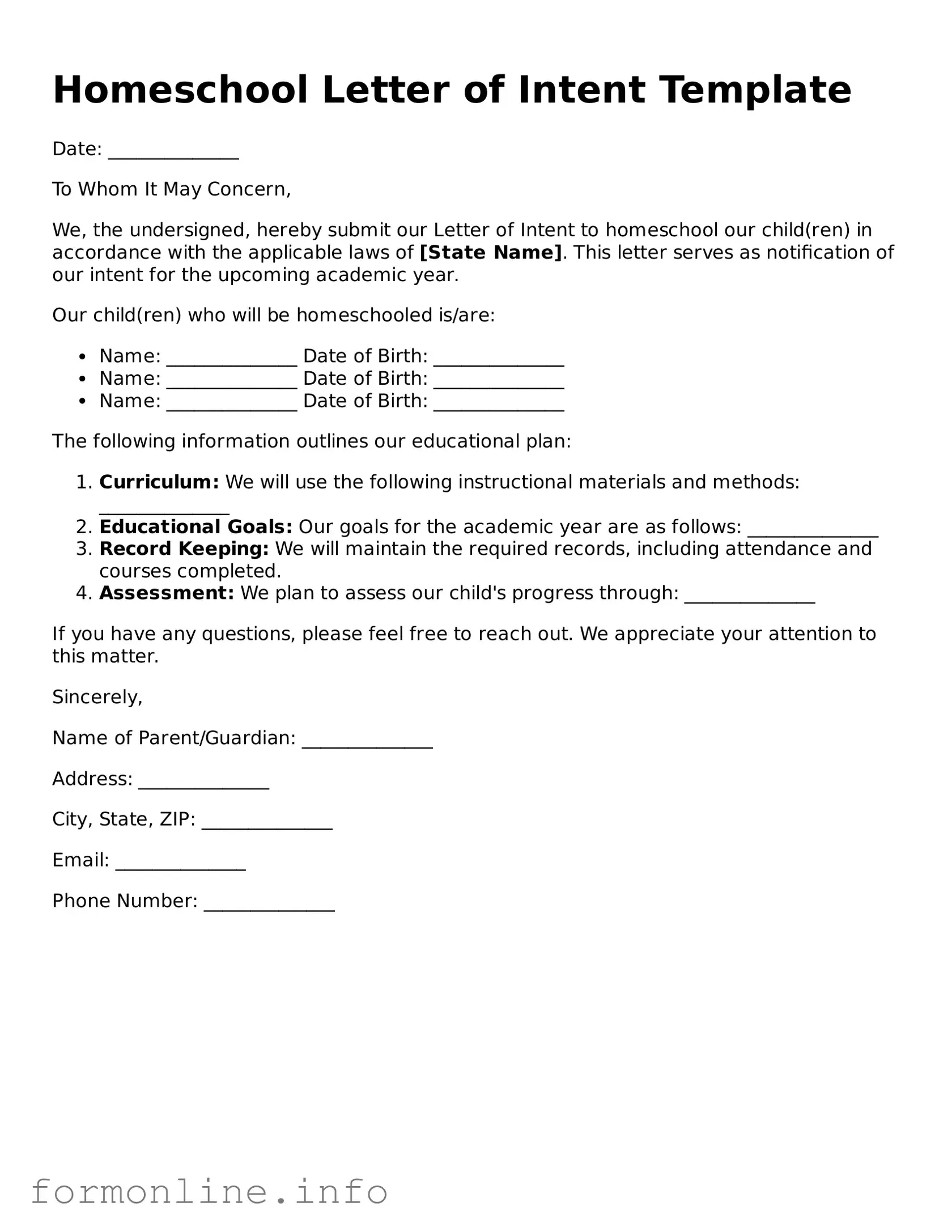 Printable Homeschool Letter of Intent Form
