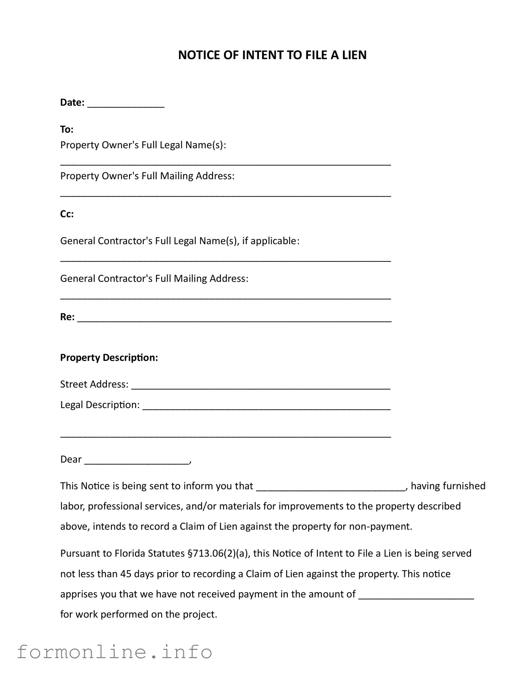 Fill Out a Valid Intent To Lien Florida Form
