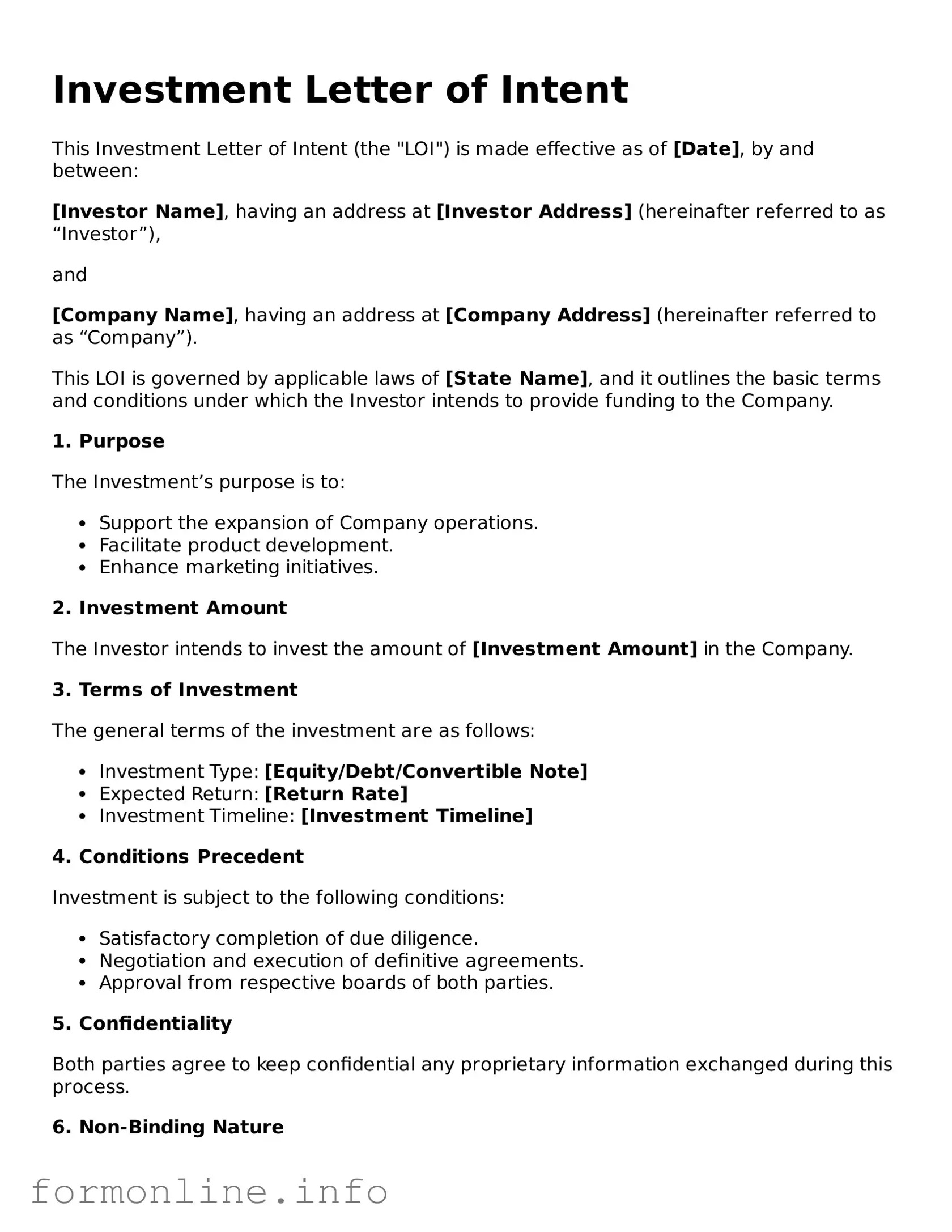 Printable Investment Letter of Intent Form