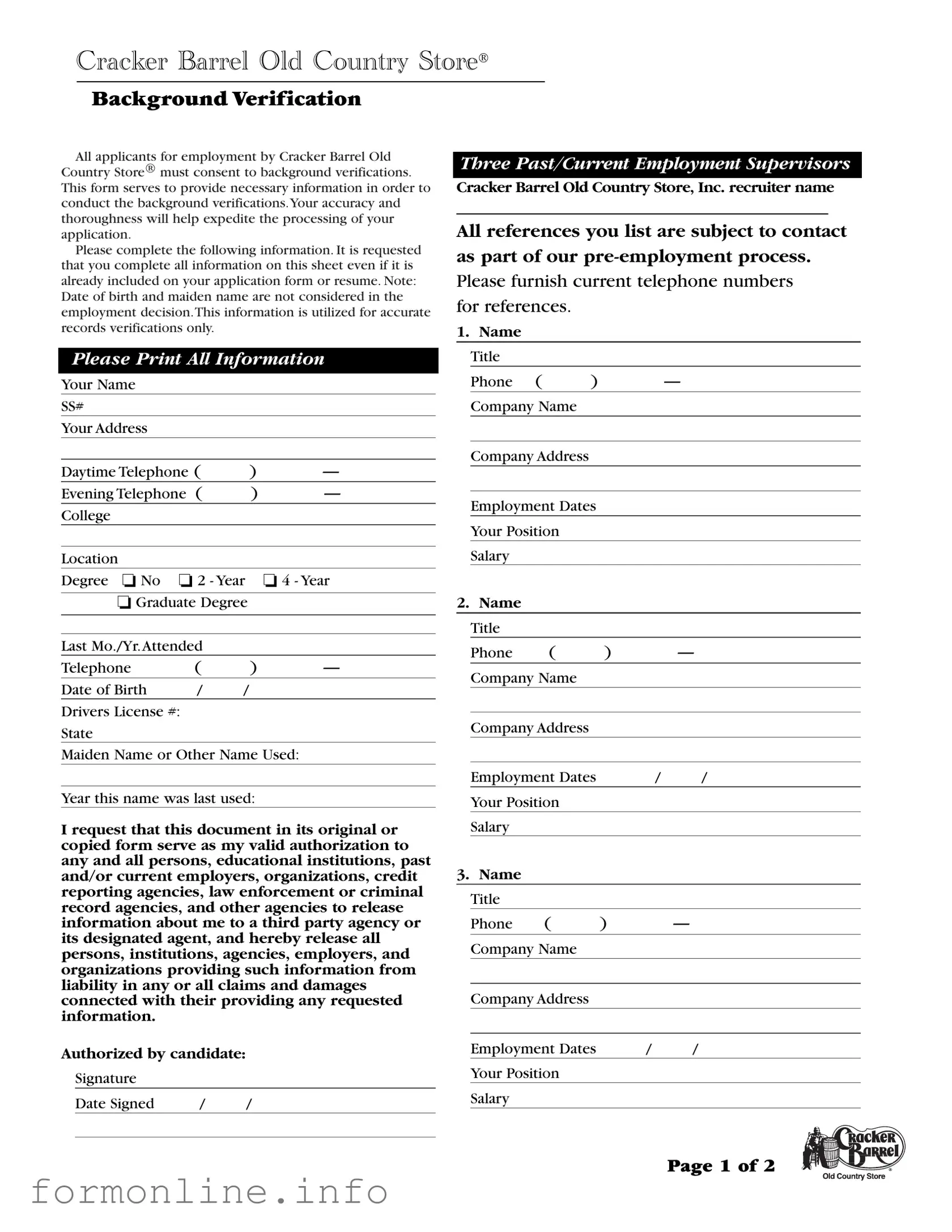 Fill Out a Valid Cracker Barrel Background Check Form