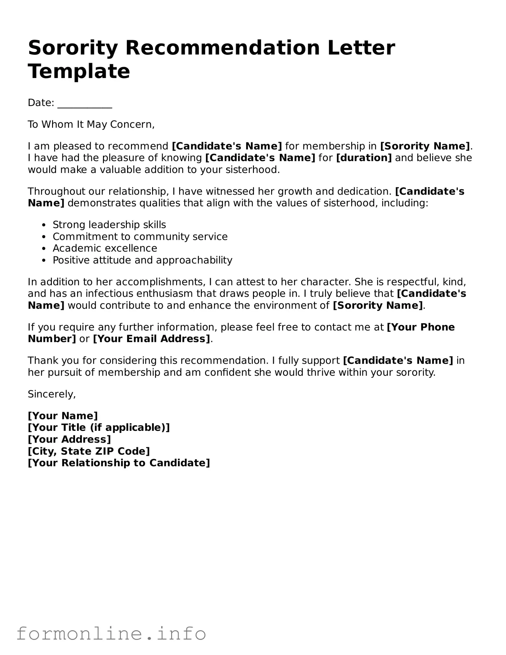 Printable Sorority Recommendation Letter Form