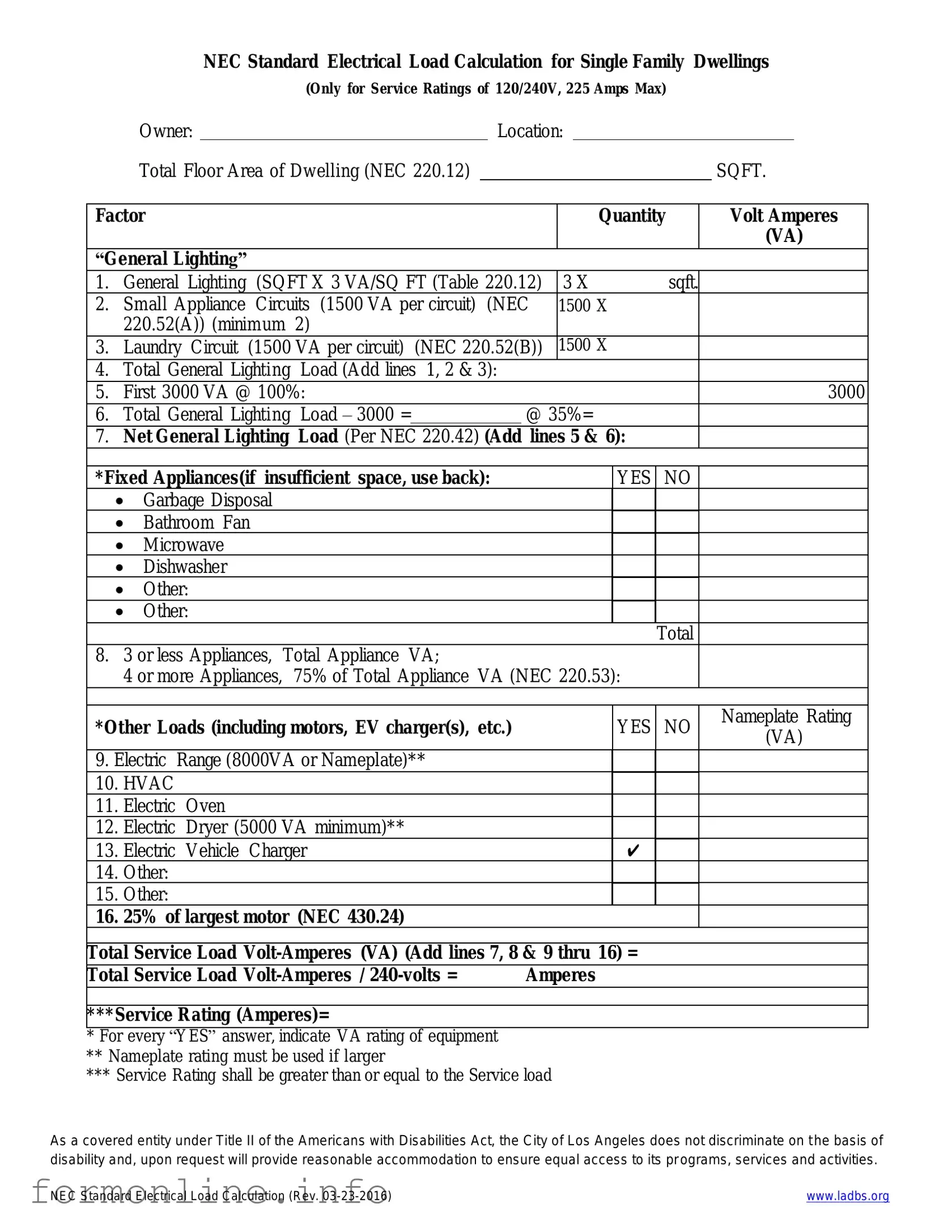 Fill Out a Valid LADBS NEC Standard Electrical Load Calculation Form