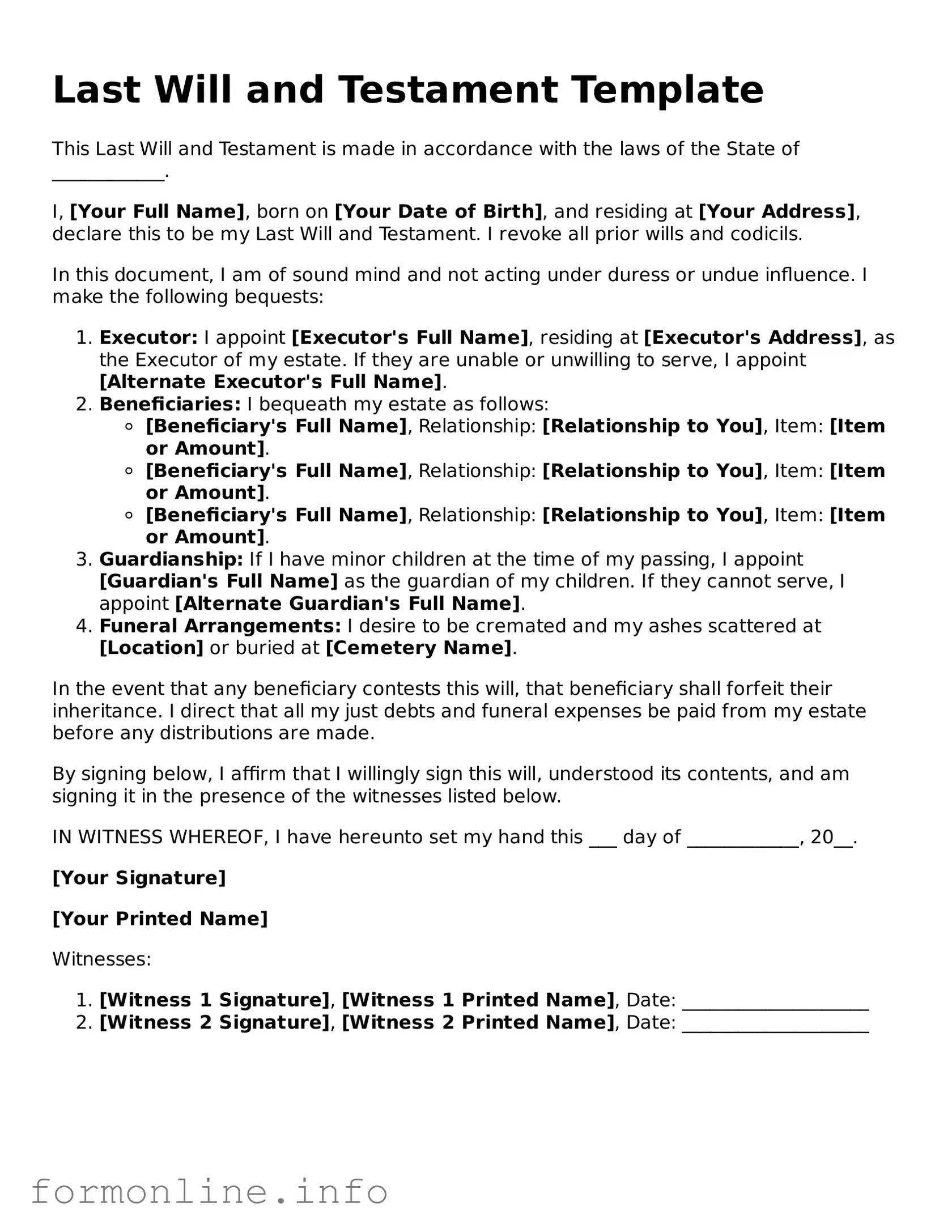 Printable Last Will and Testament Form