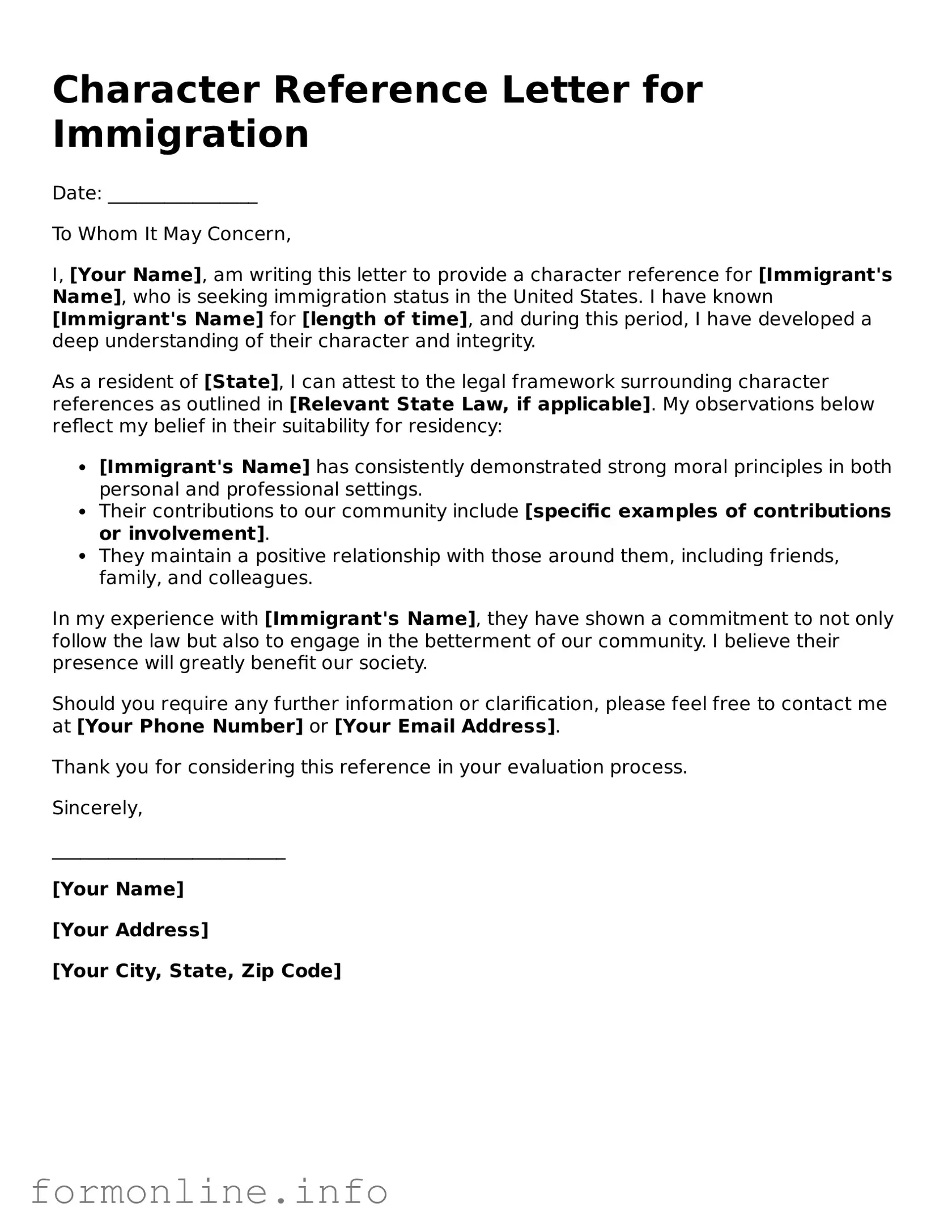 Printable Character Reference Letter for Immigration Form
