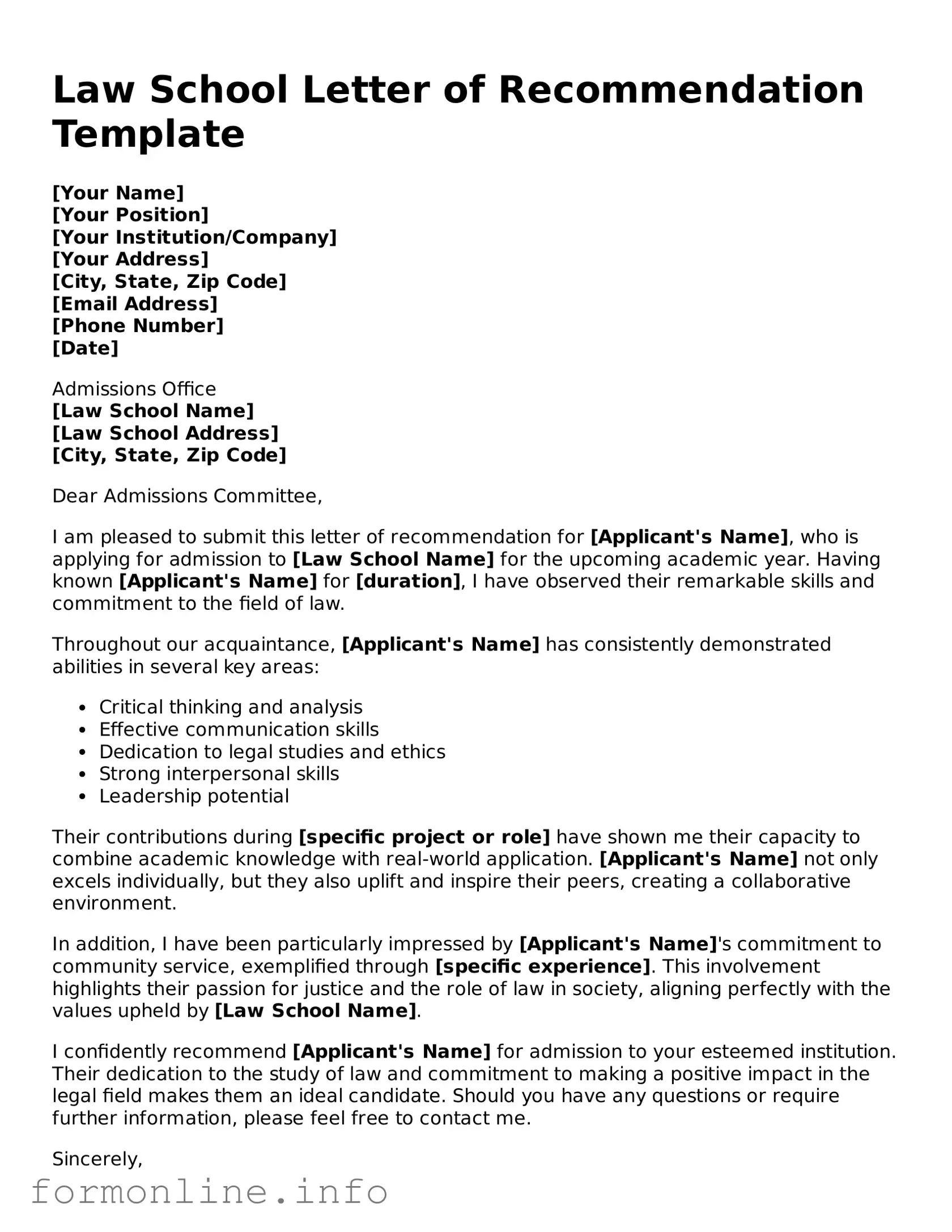 Printable Law School Letter of Recommendation Form