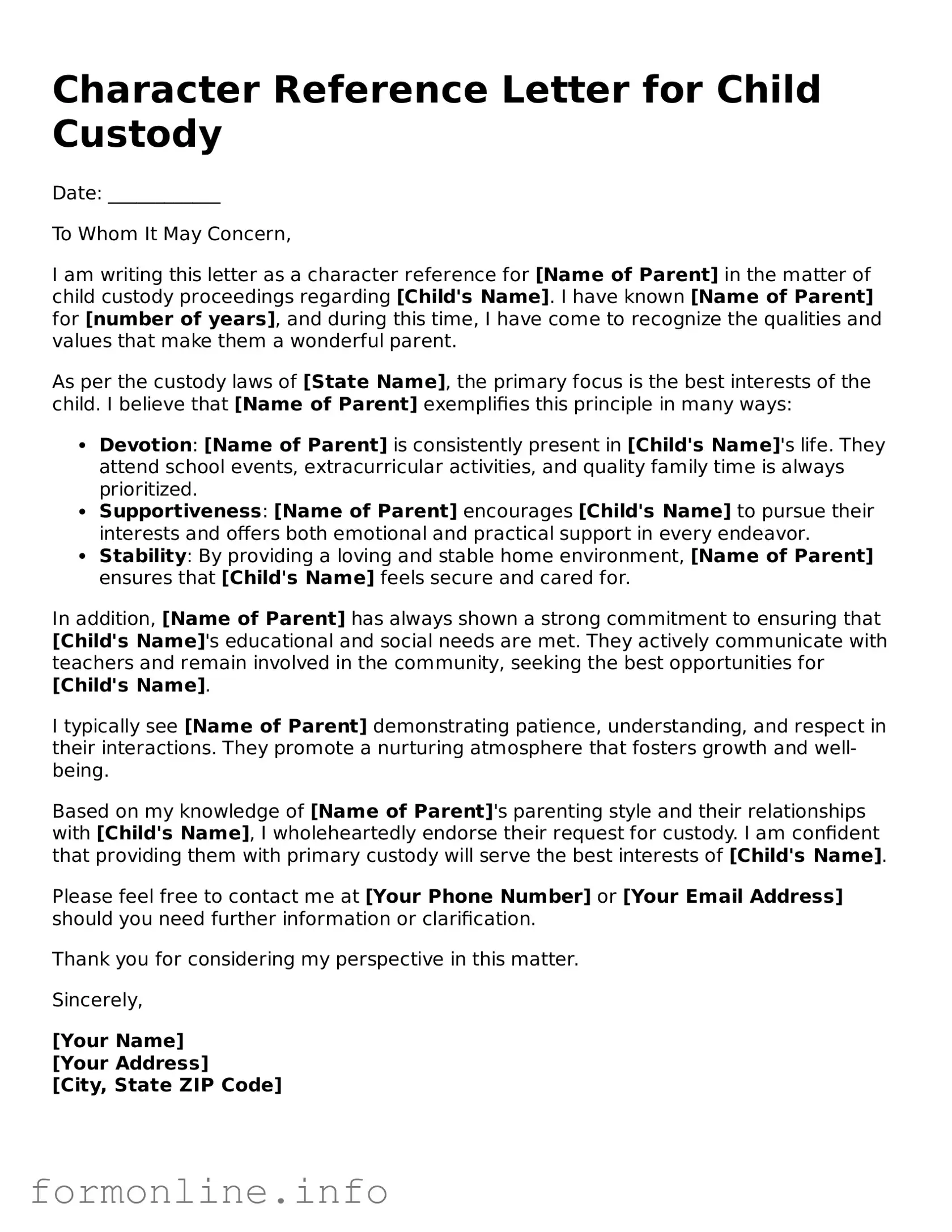 Printable Character Reference Letter for Child Custody Form