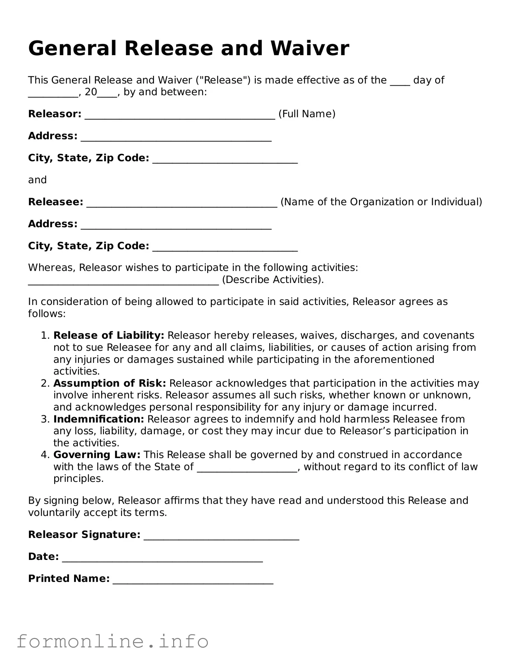 Printable General Release and Waiver Form
