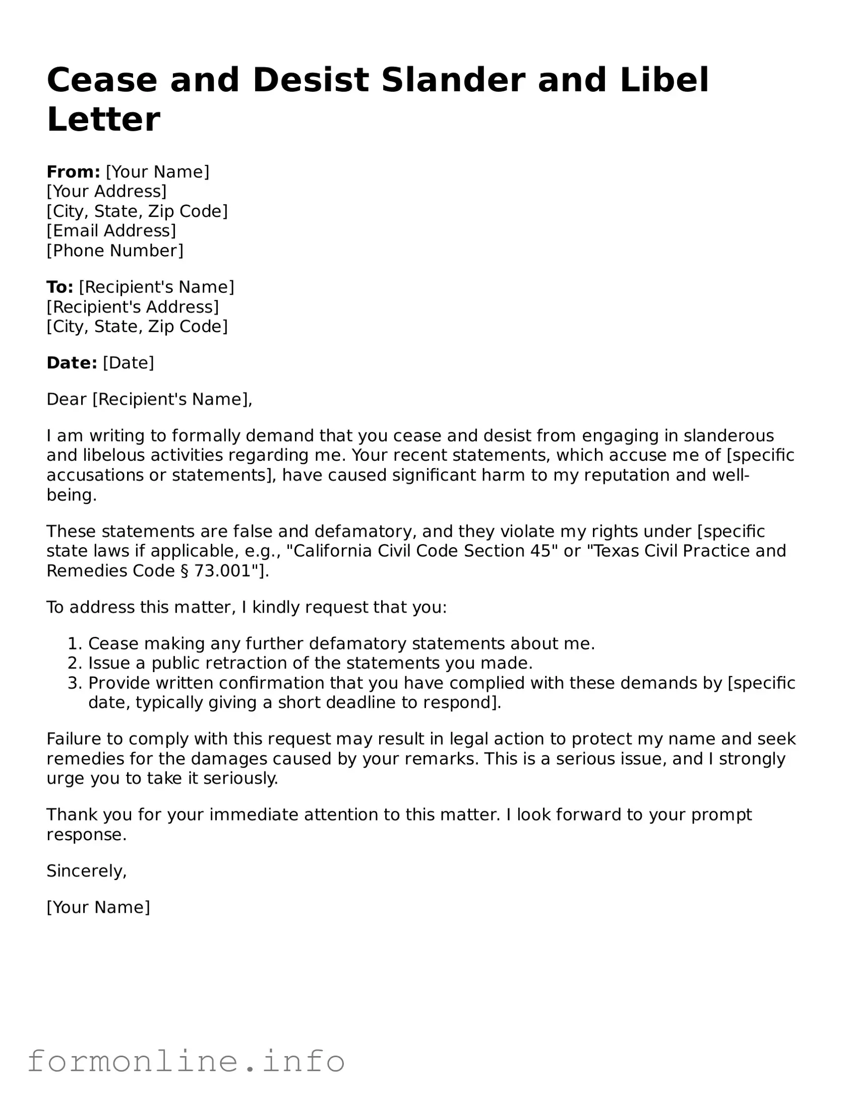 Printable Cease and Desist Slander and Libel Letter Form