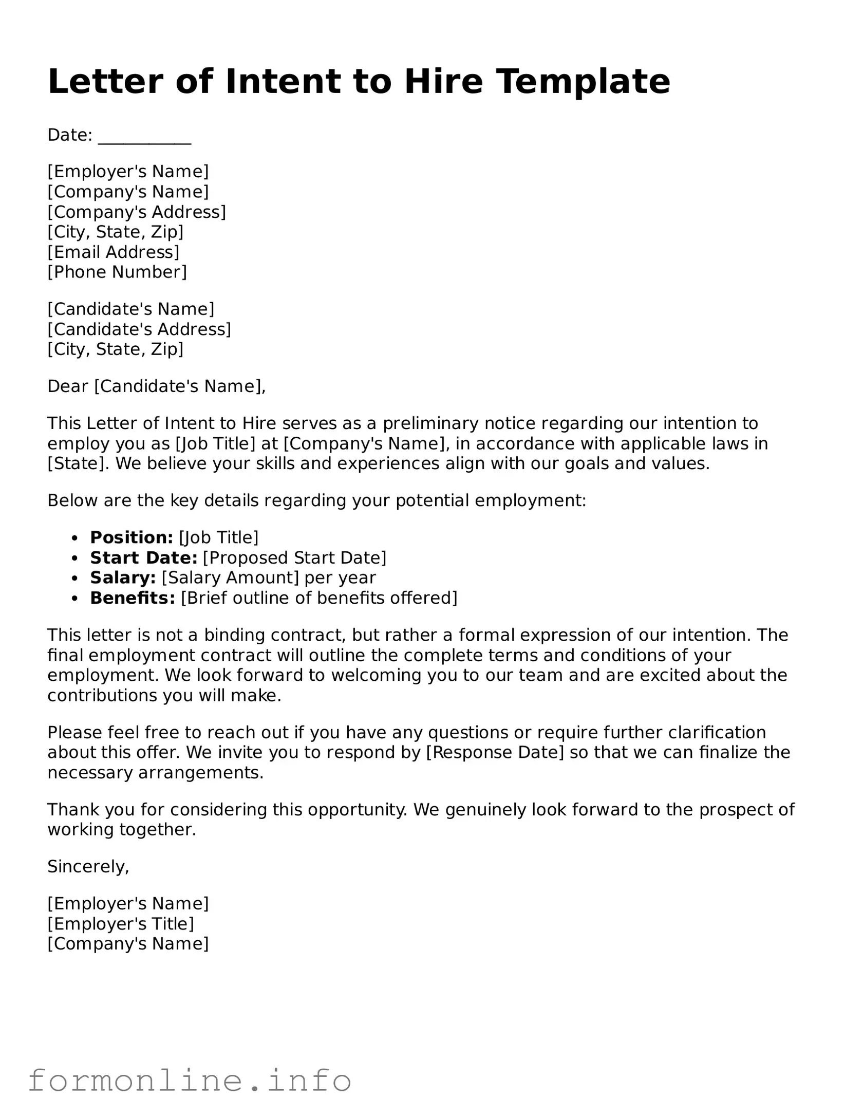 Printable Letter of Intent to Hire Form