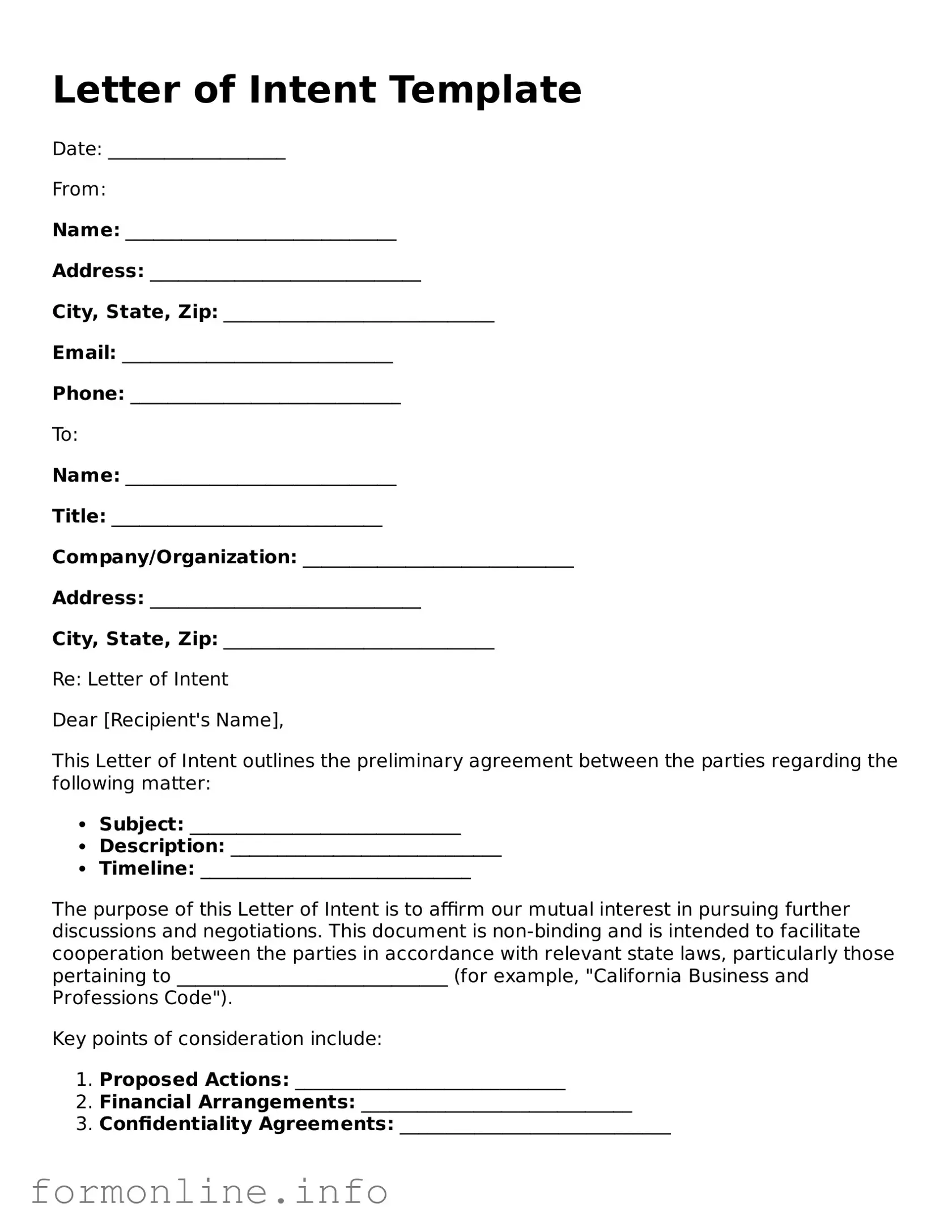 Printable Letter of Intent Form