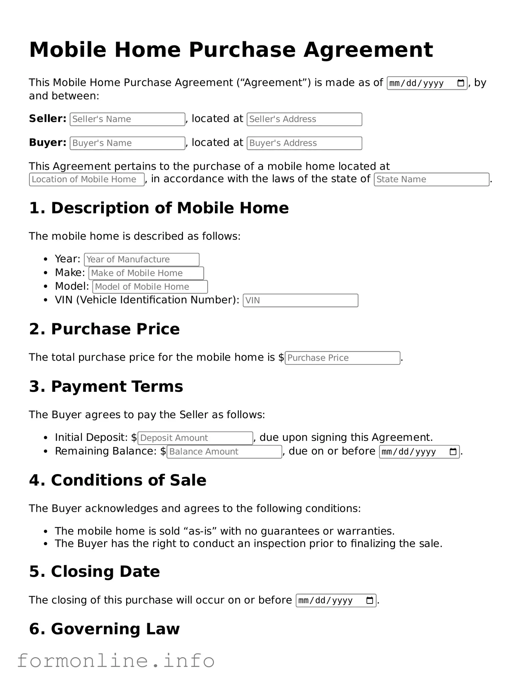 Printable Mobile Home Purchase Agreement Form